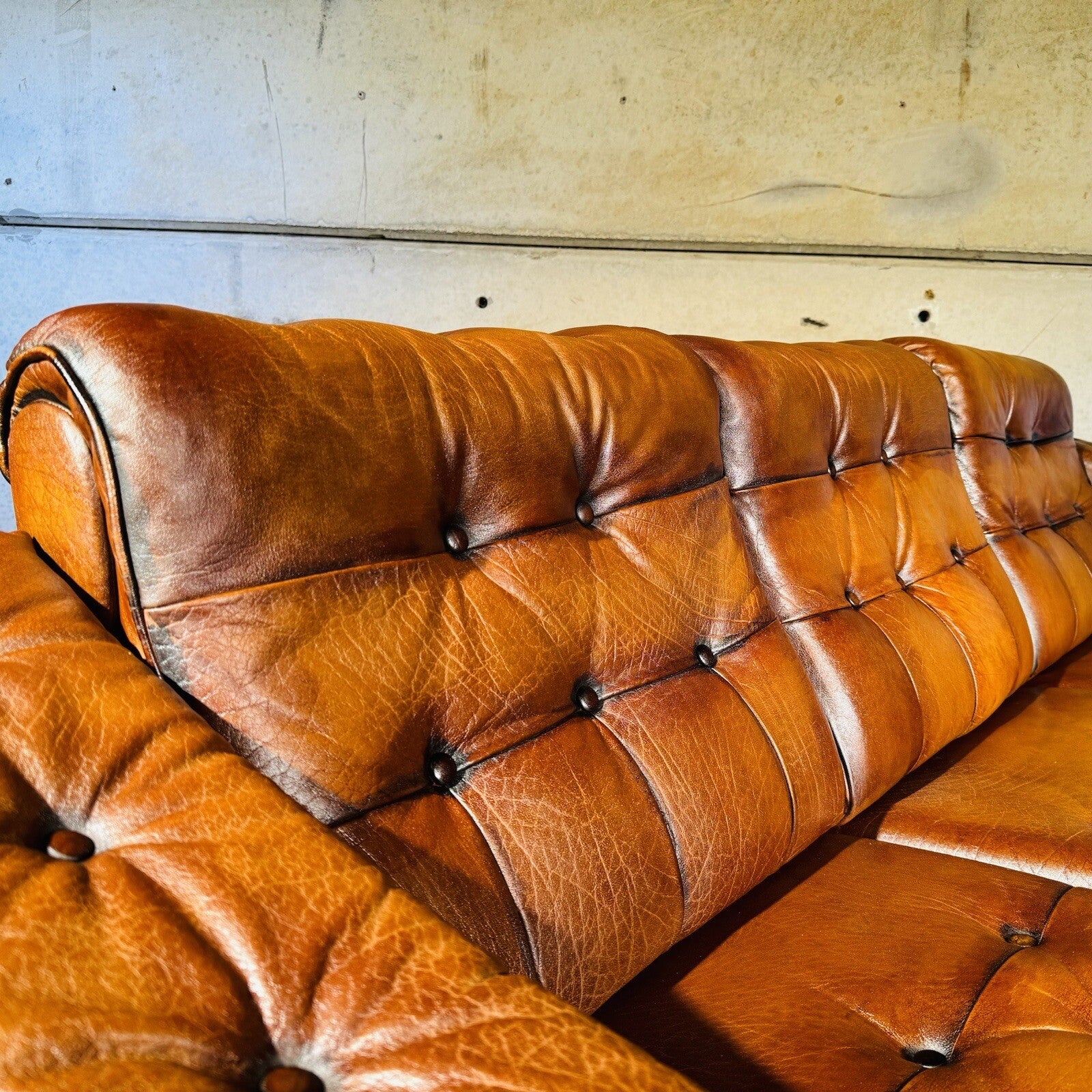 Vintage Danish Three-Seater Sofa - Bull Neck Leather, Hand-Dyed Tan Finish