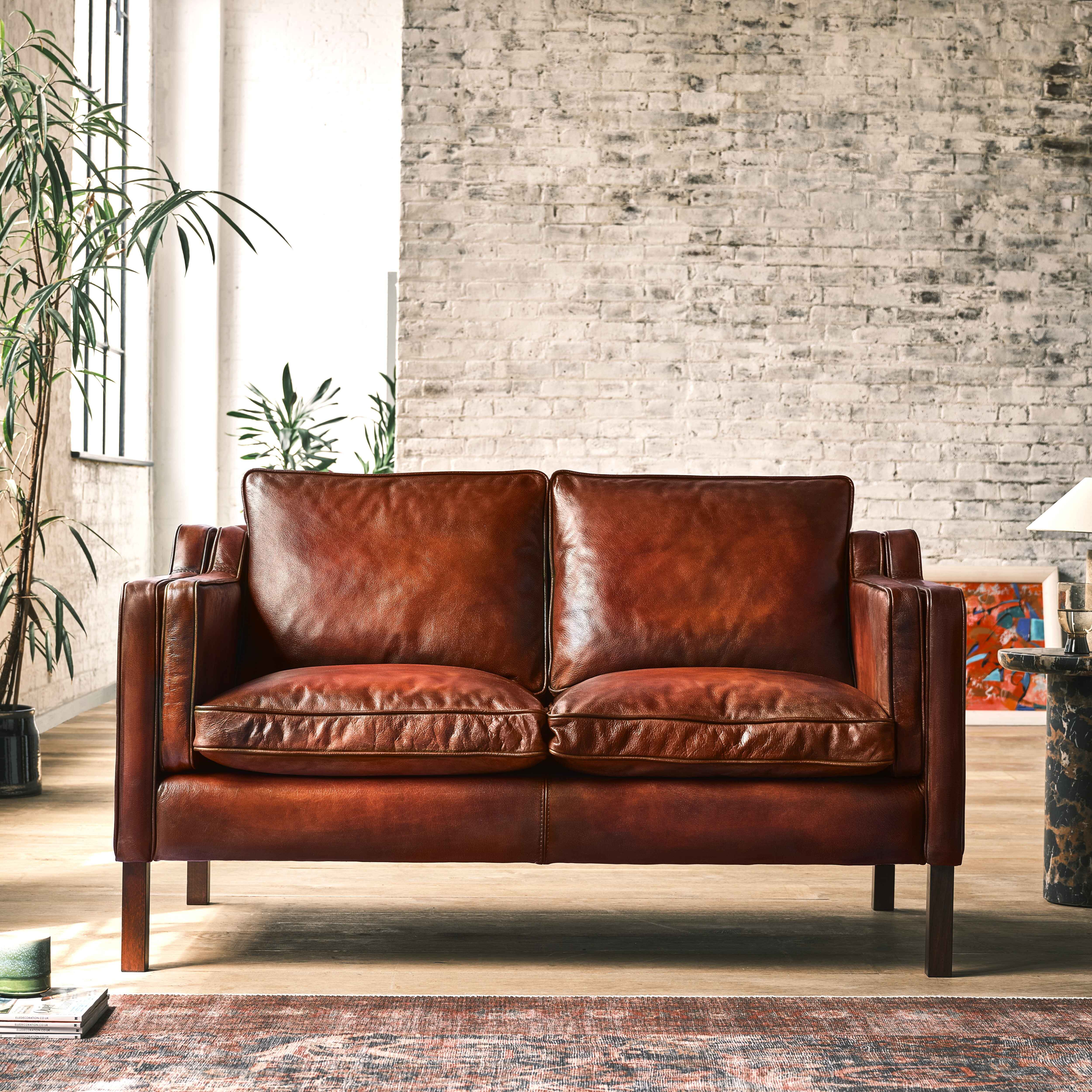 luxury-hand-dyed-mid-century-cigar-brown-leather-two-seater-sofa-loft-front