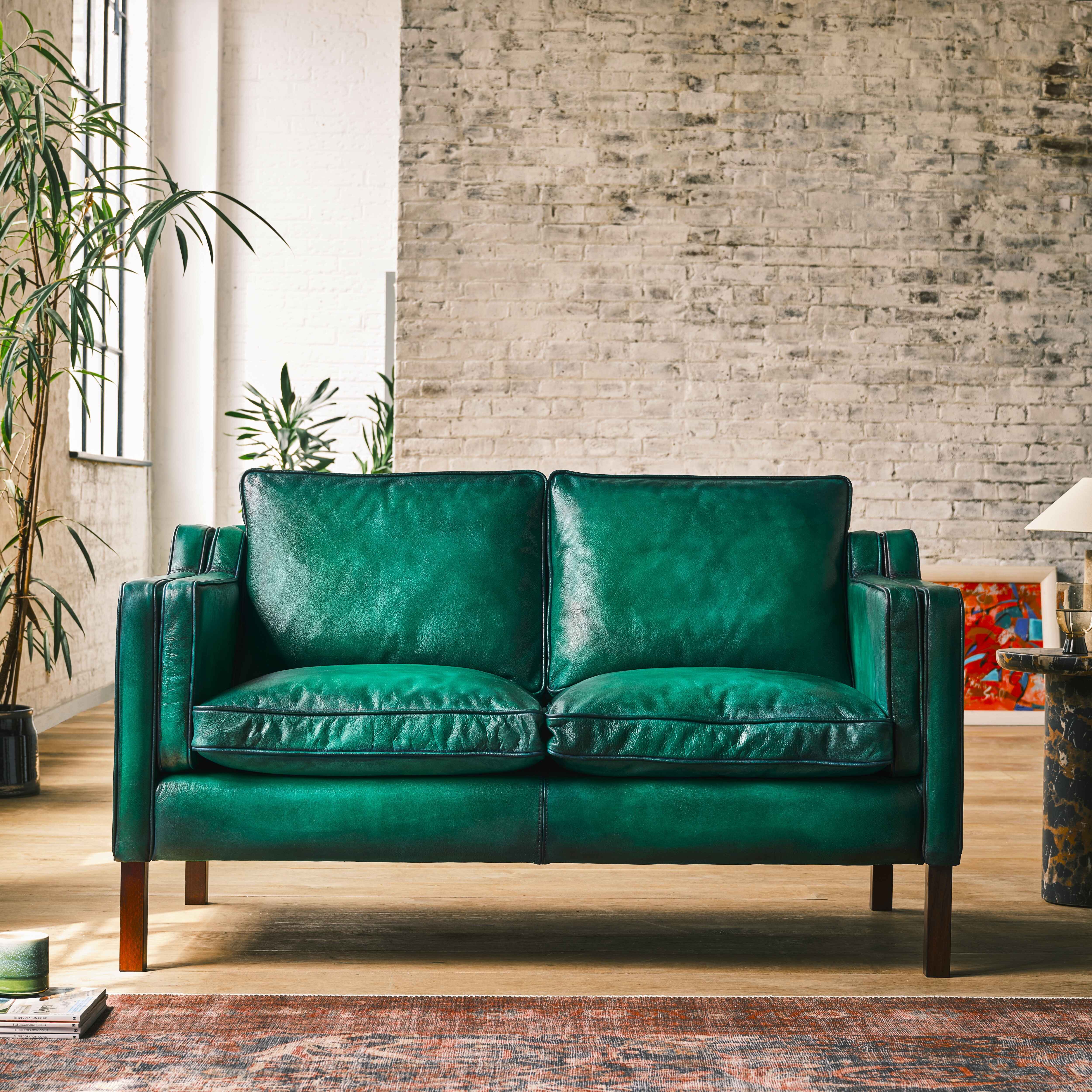 luxury-hand-dyed-mid-century-green-leather-two-seater-sofa-loft-front
