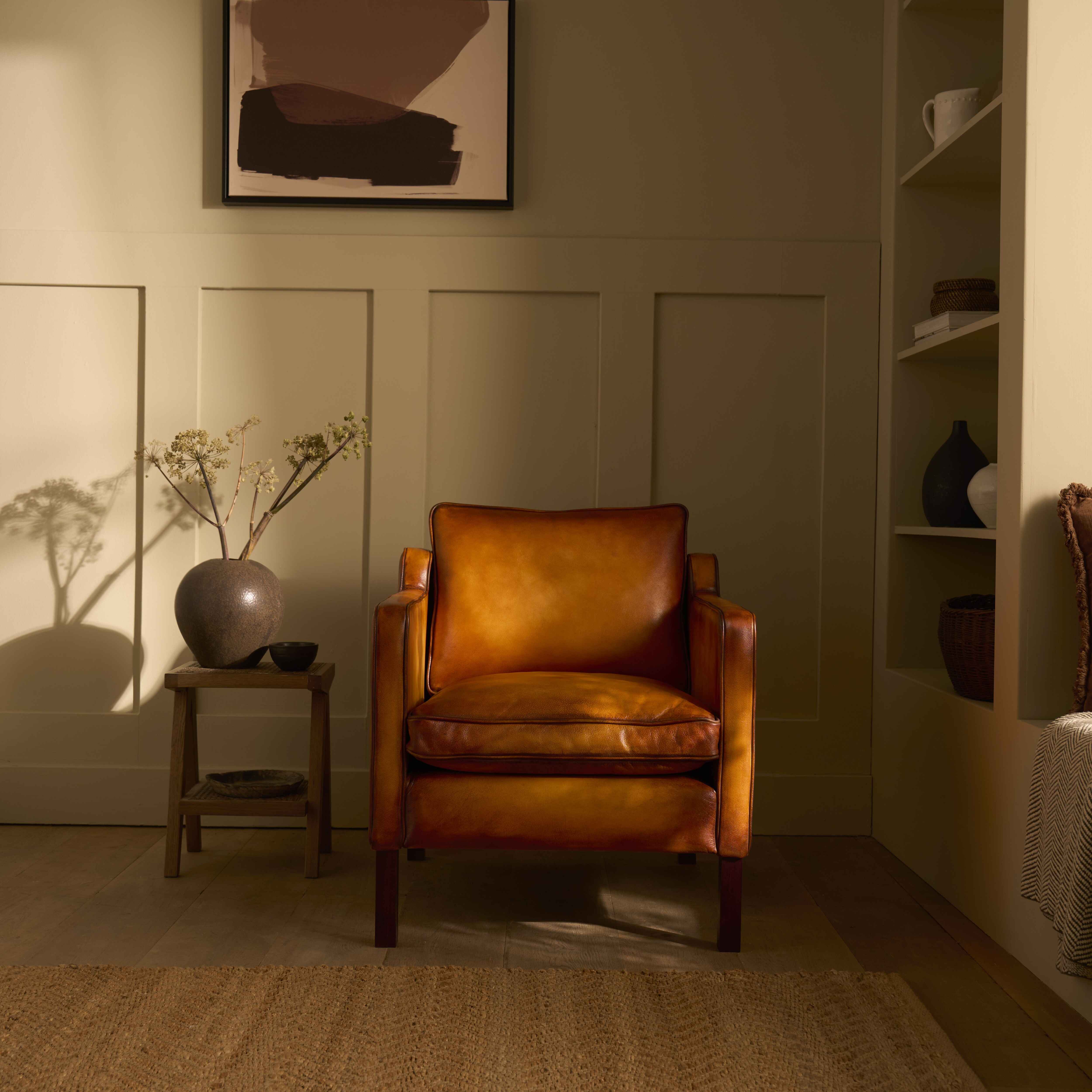 luxury-hand-dyed-mid-century-tan-leather-armchair-cottage-front