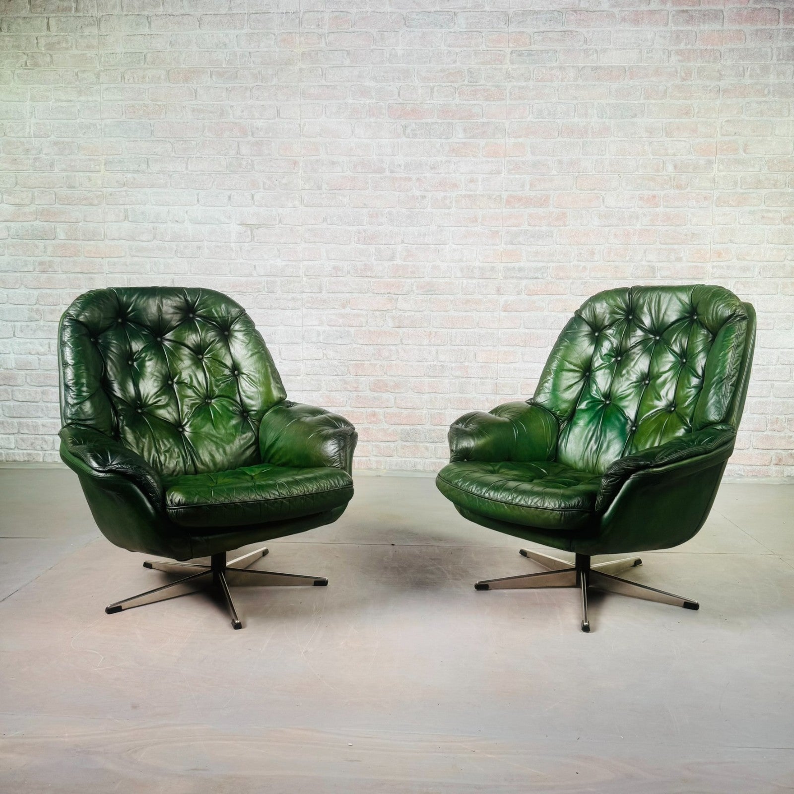 Pair of Vintage Danish Green Leather Swivel Chairs