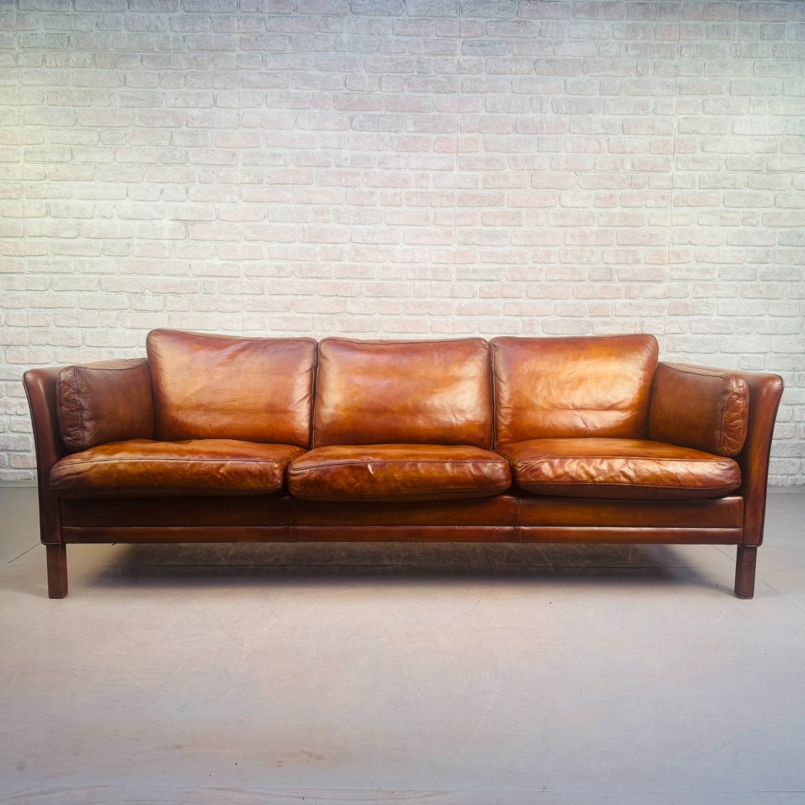 Vintage Long 70s Danish Mogens Hansen Tan Leather 3 Seater Sofa Feather Cushions