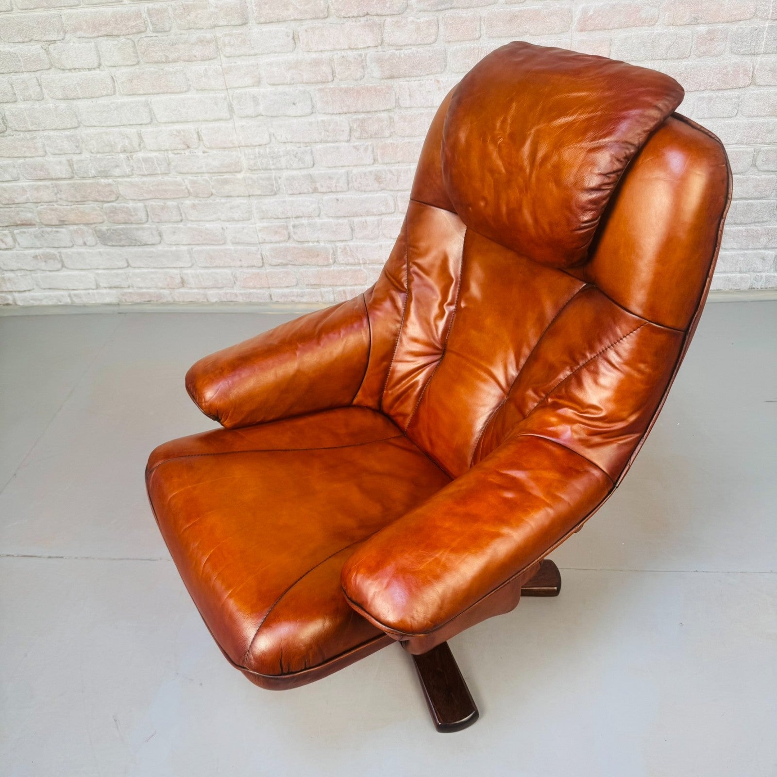 Vintage Danish Tan Leather Reclining Chair & Matching Footstool