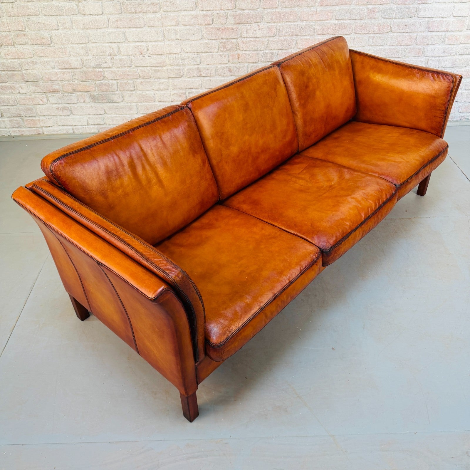 Vintage 1970s Danish Cognac Hand-Dyed Leather Three Seater Box Sofa