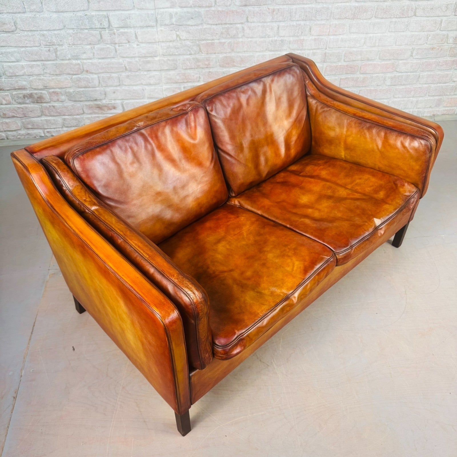 Vintage Danish Tan Leather Two-Seater Sofa 1970s Mid Century Hand Dyed