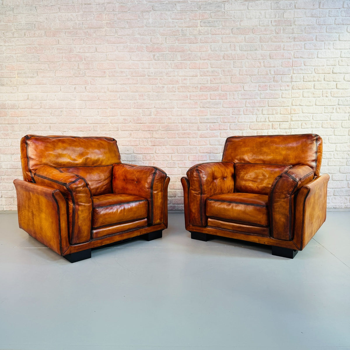 Huge Pair Vintage Roche Bobois Hand Dyed Tan Leather Armchairs