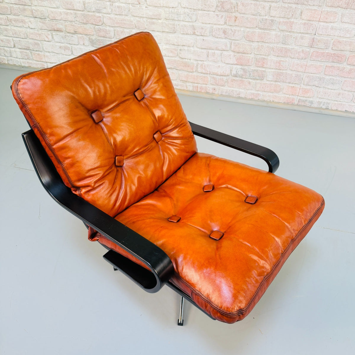 Vintage Danish Cognac Tan Leather Swivel Armchair Black Beech Frame