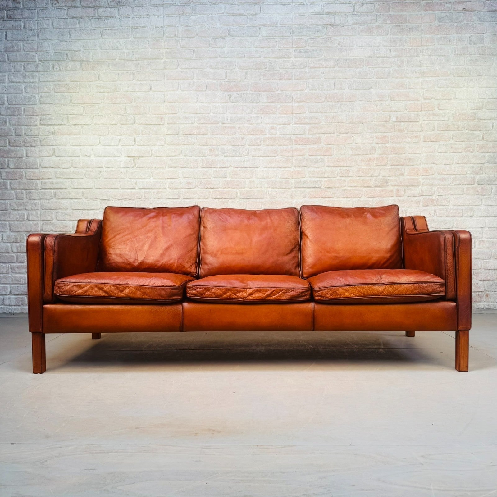 Vintage Danish Børge Mogensen Style Cognac Leather Three Seater Sofa