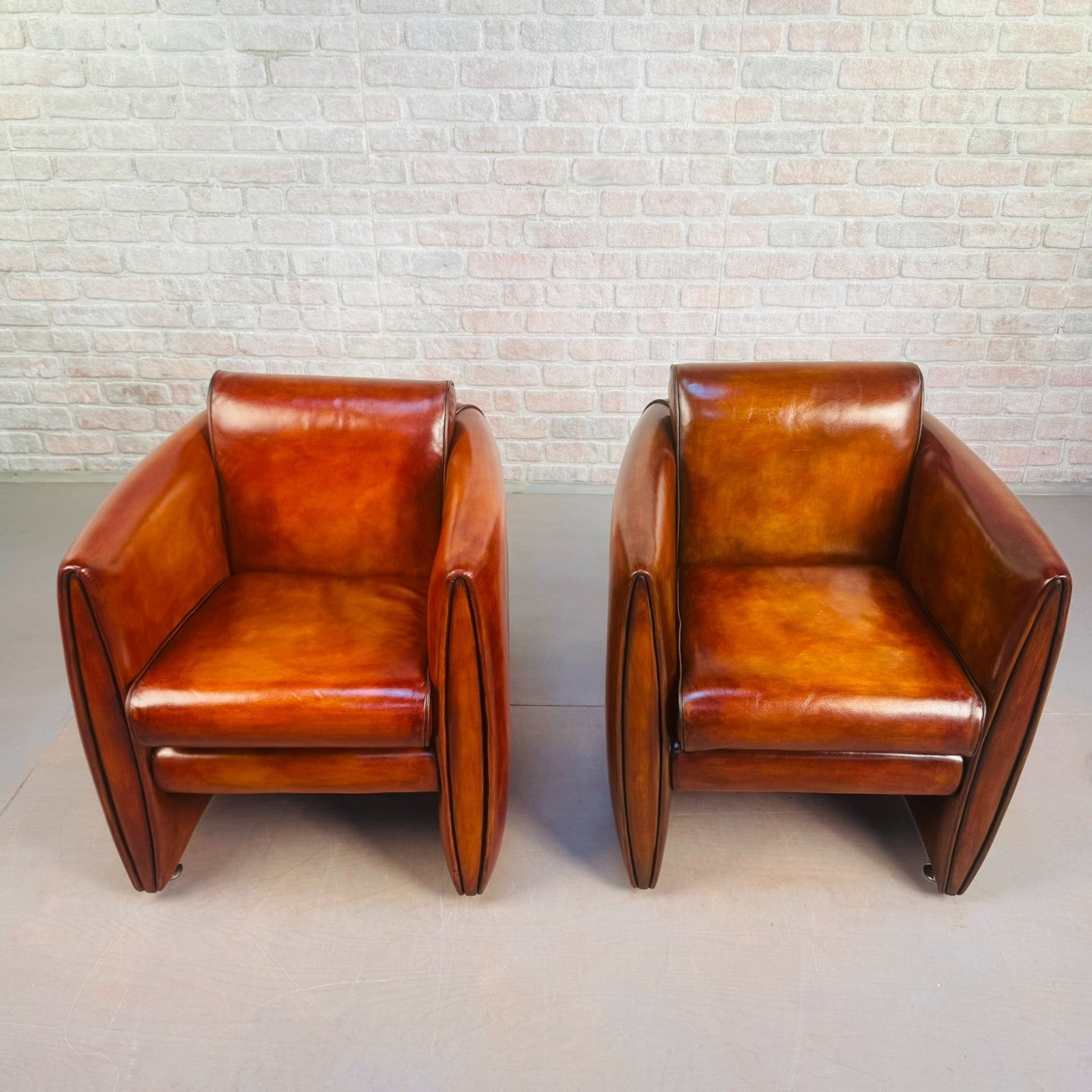 Neat Pair of Contemporary Danish Tan Leather Armchairs – Compact, Comfortable