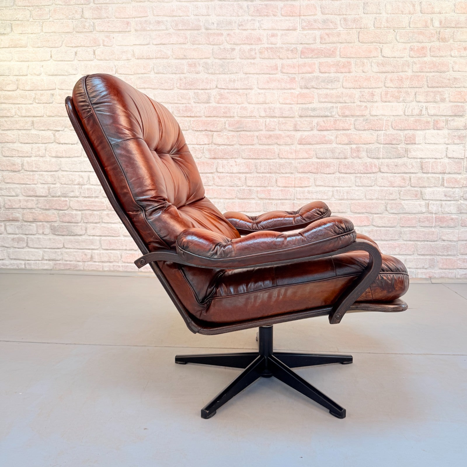 Vintage Danish Tan Leather Swivel Chair Hand Dyed Cognac Patina Lounge Chair