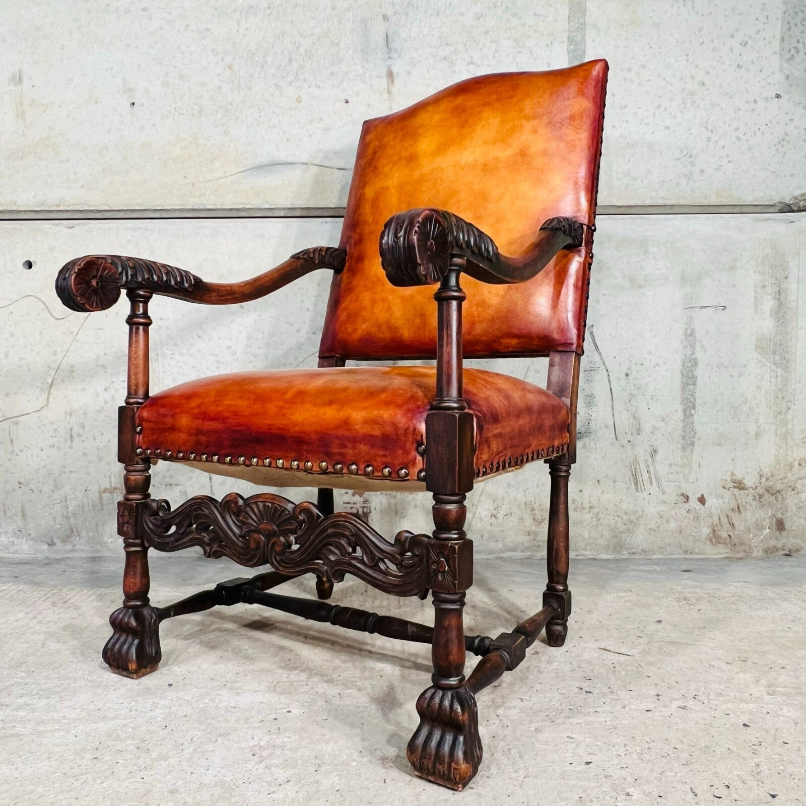 Cromwellian Revival Carved Oak and Leather Armchair Carver Chair