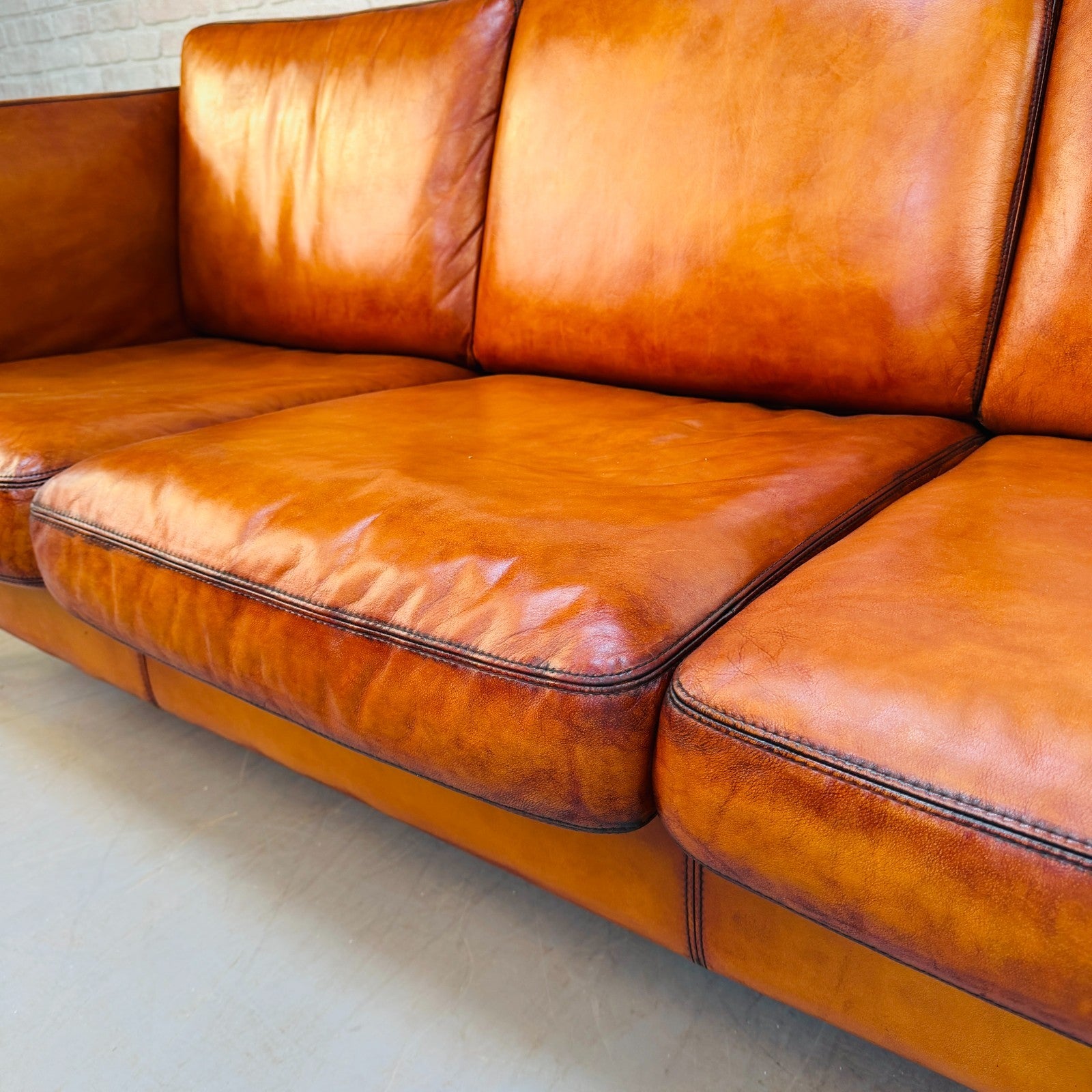 Vintage 1970s Danish Cognac Hand-Dyed Leather Three Seater Box Sofa