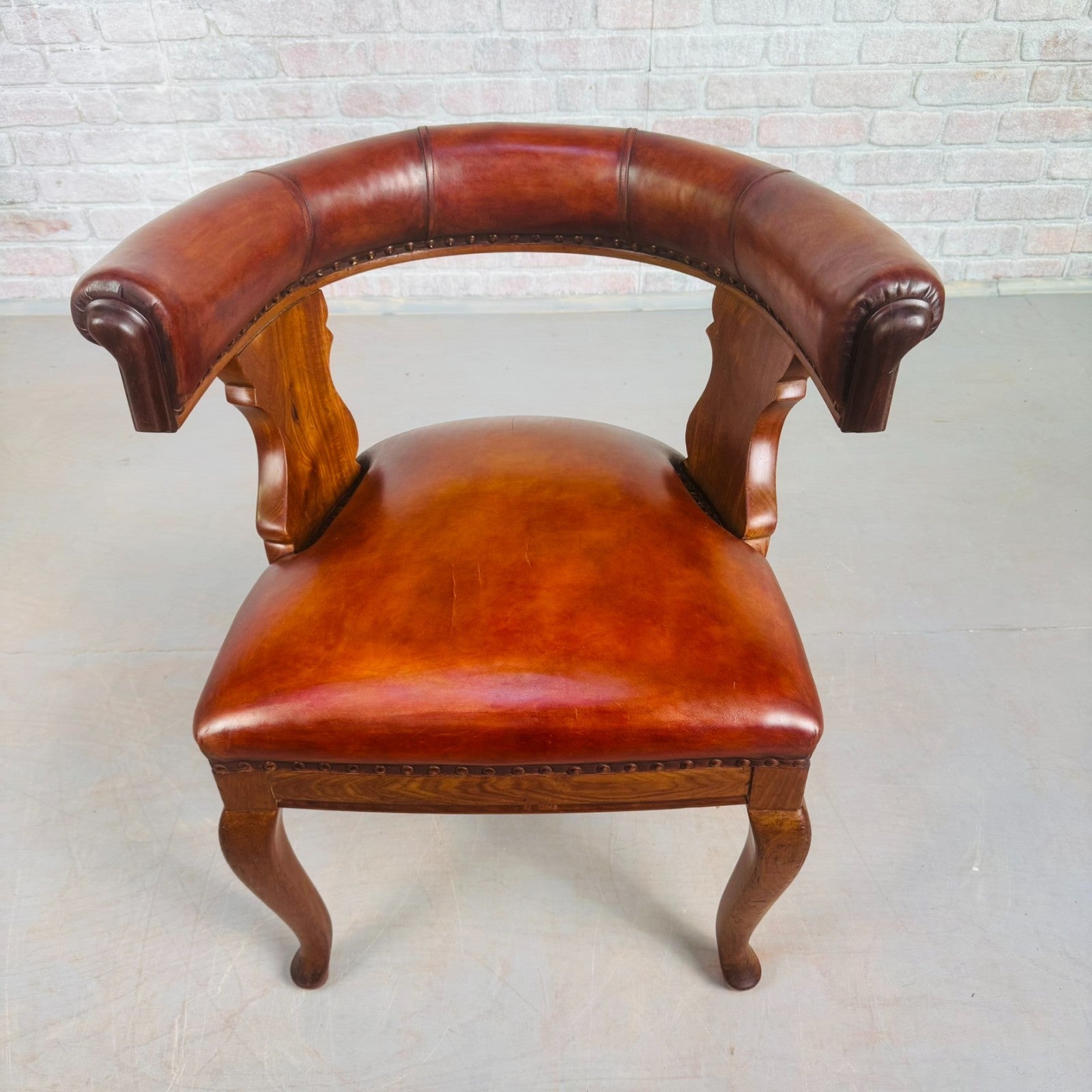 1940s Antique Danish Tan Leather Partner’s Desk Chair - Walnut Frame