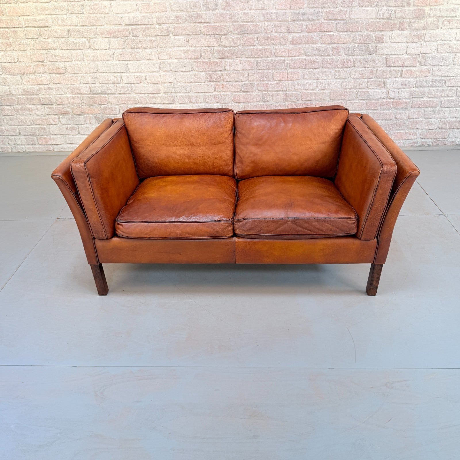 Vintage Danish Tan Leather 2 Seater Sofa Hand Dyed Buffalo Leather Patina