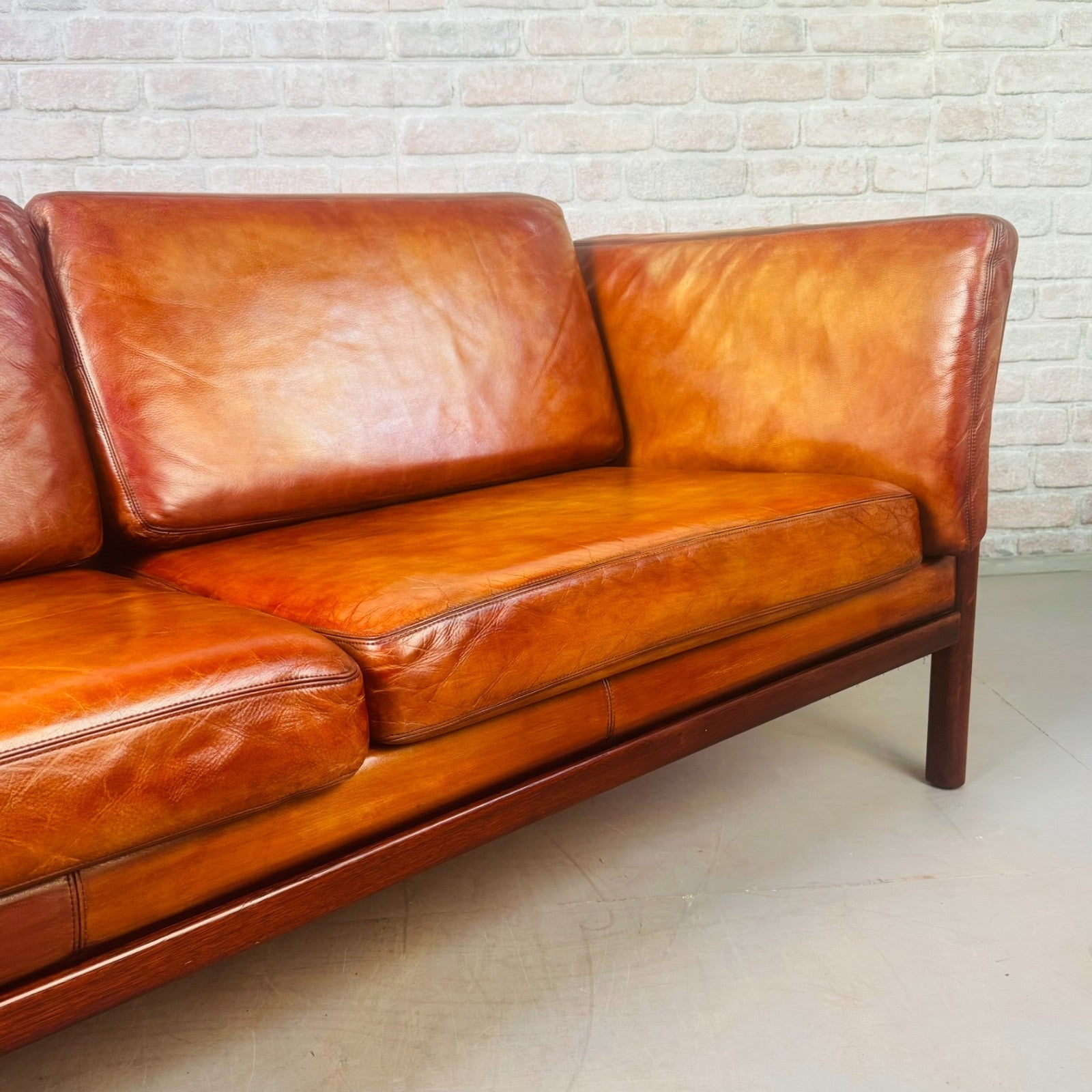 Vintage Danish 2.5 Seater Cognac Leather Sofa Beech Frame Mid Century
