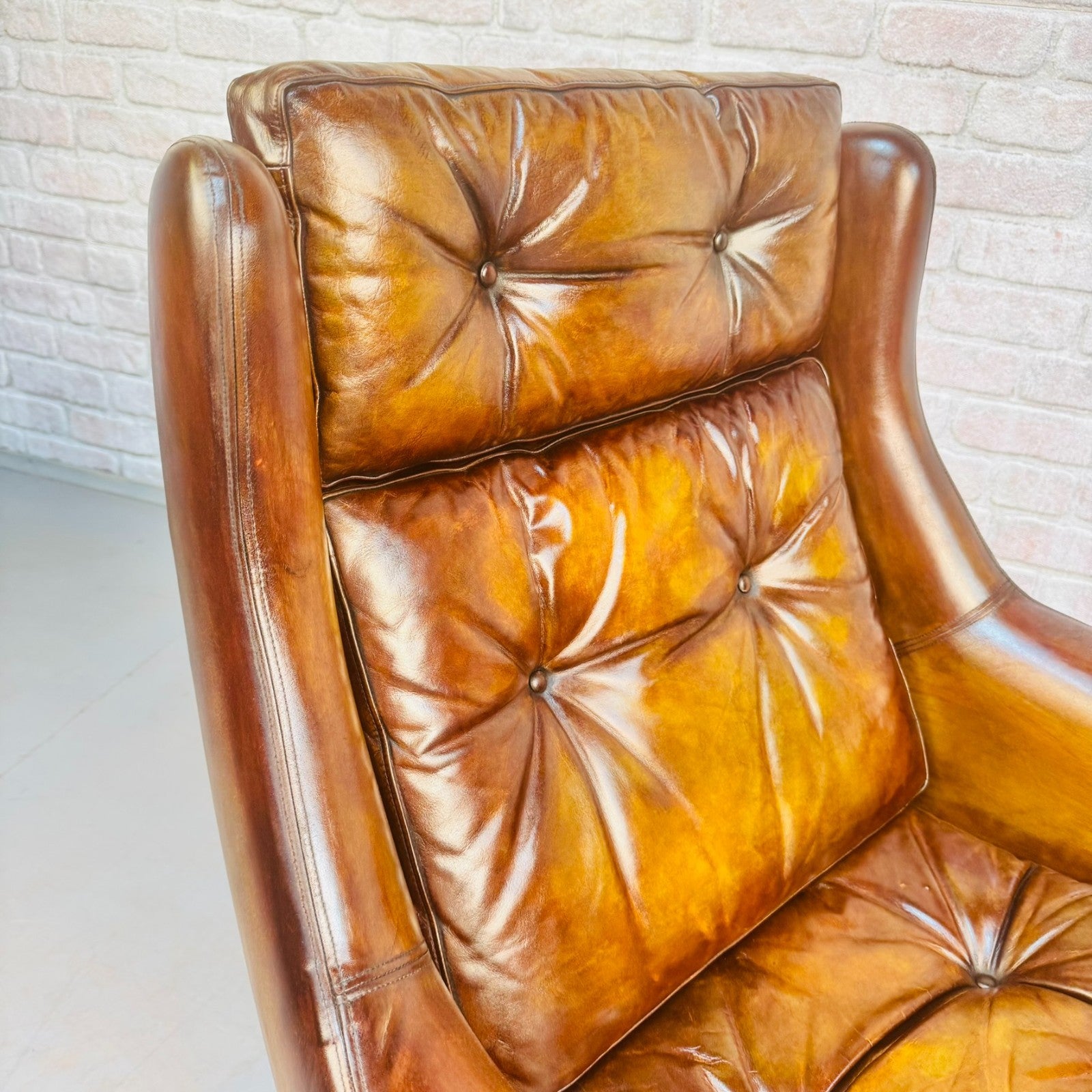 Vintage 1970s Danish Cognac Leather Egg Swivel Chair by Eran