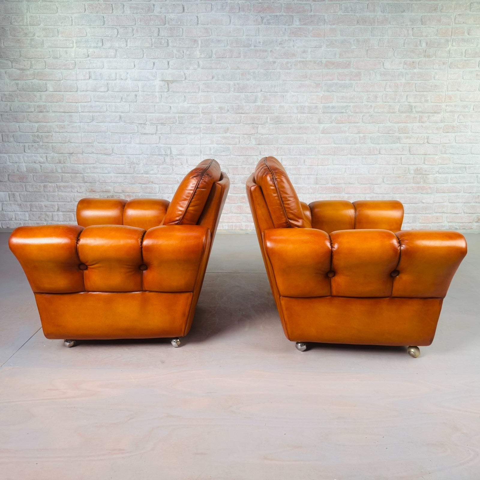 Pair of Vintage Danish Cognac Leather Armchairs – Hand-Dyed Patina