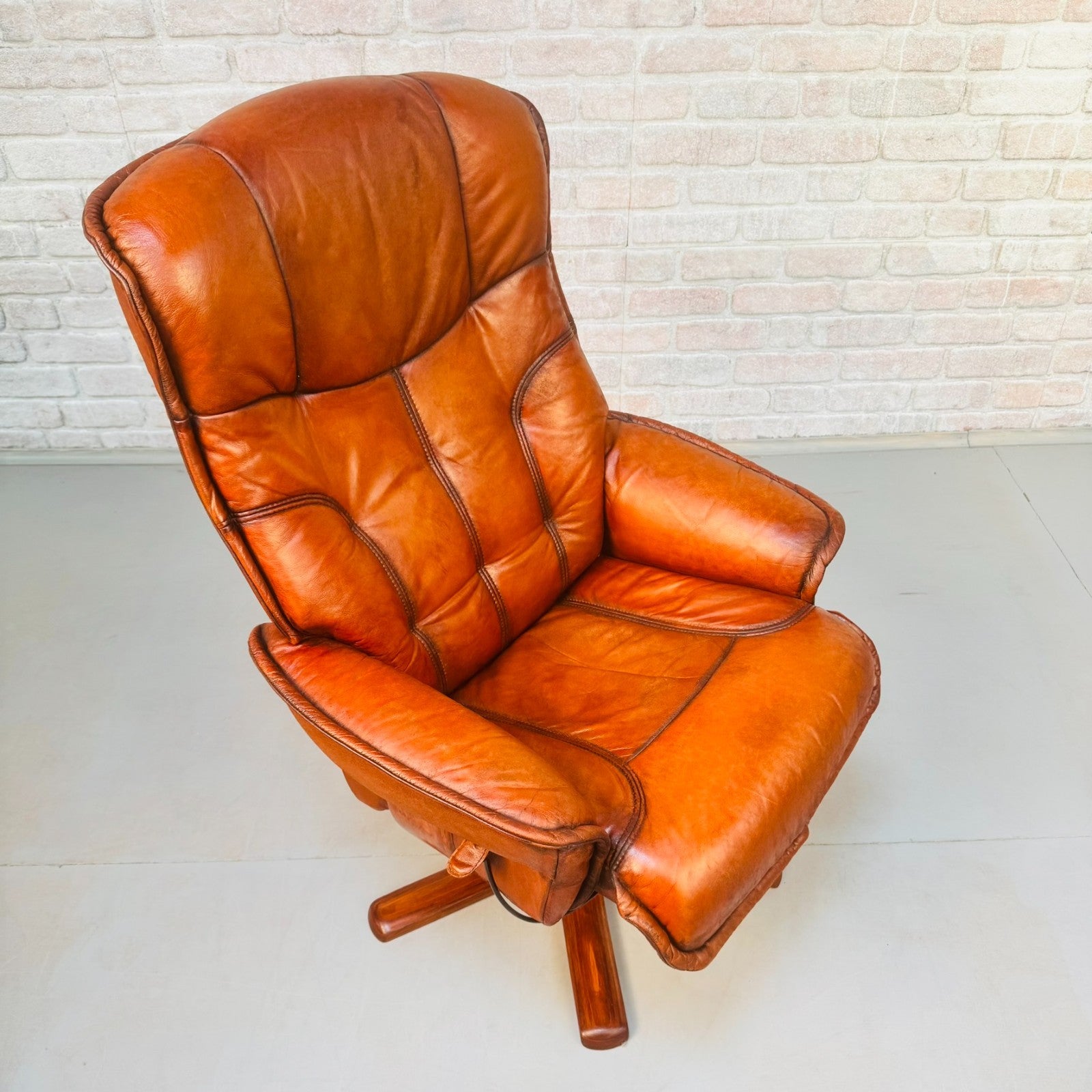 Vintage Danish Reclining Swivel Chair & Footstool | Hand Dyed Tan Leather