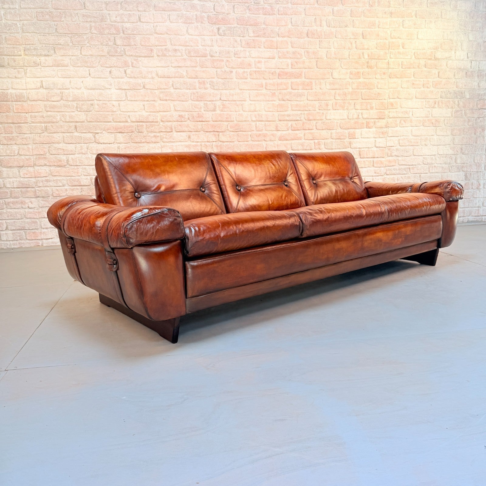 Vintage Svend Skippers Danish Tan Leather 3 Seater Sofa Hand Dyed Patina