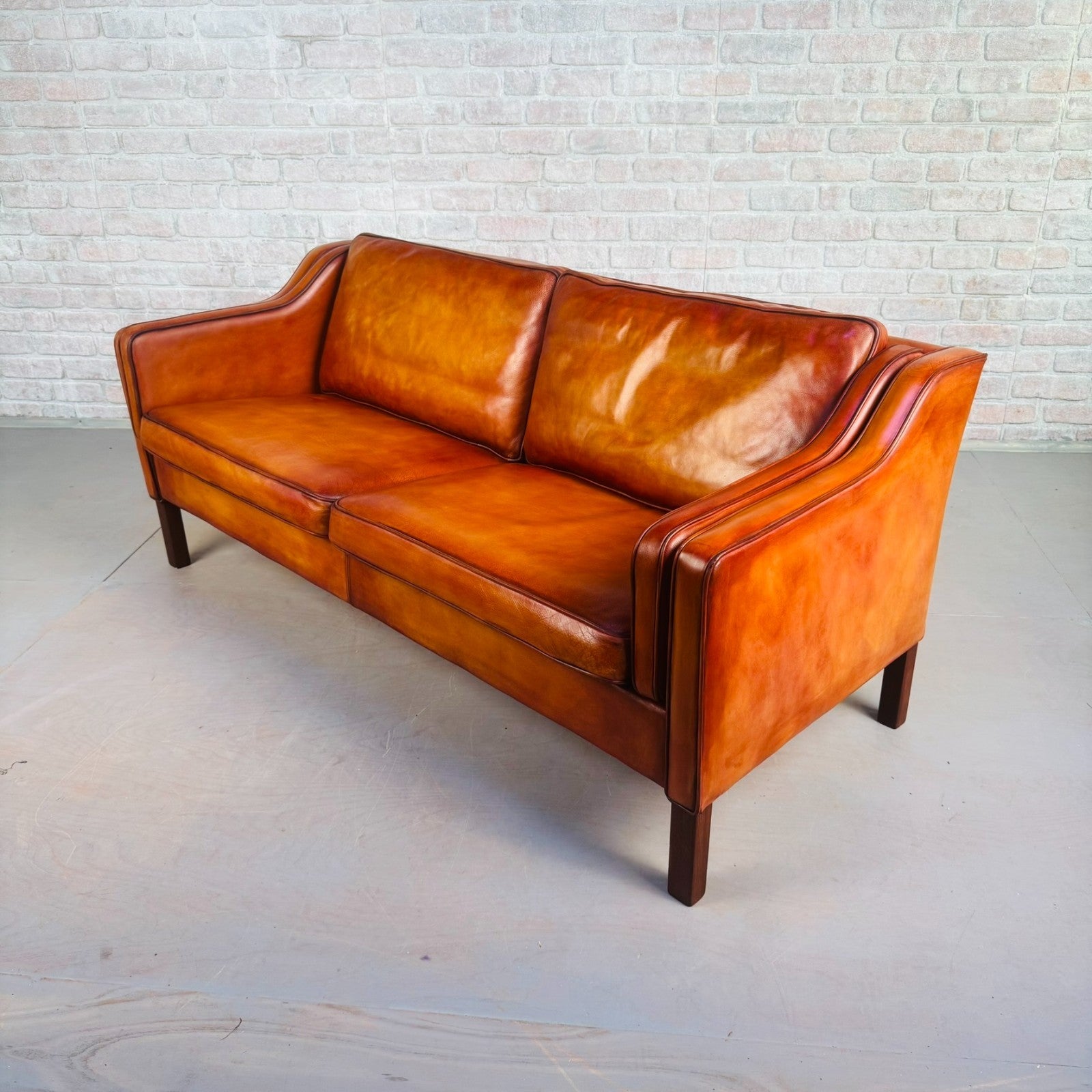 Stylish Pair of Vintage Danish Tan Leather 2.5 Seater Sofas