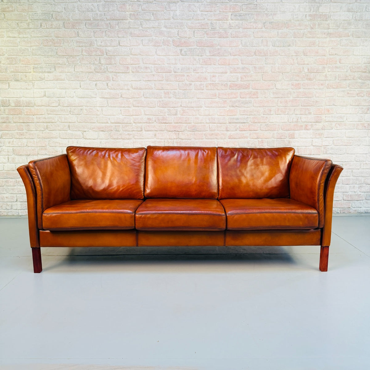 Vintage Danish Tan Leather 3 Seater Sofa – Hand Dyed Beautiful Patina