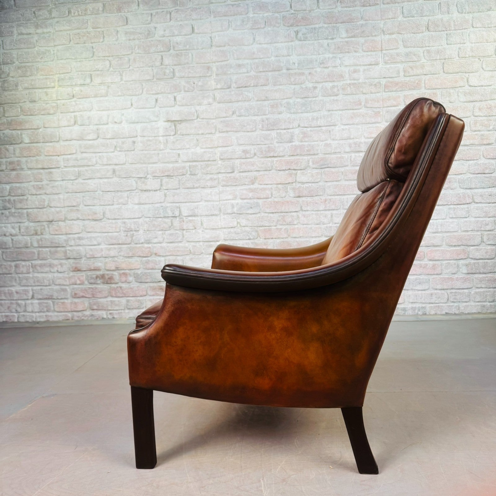 Vintage 1960s Aage Christiansen High Back Tan Leather Armchair