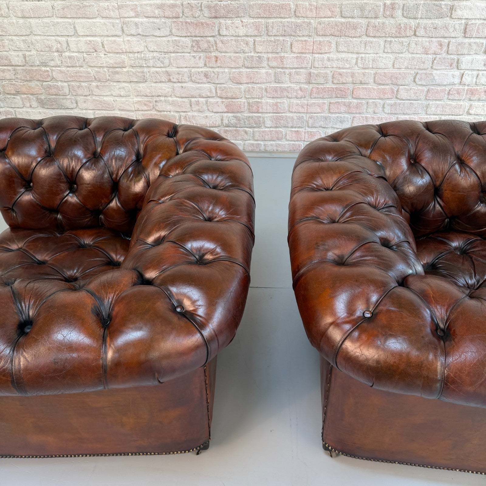 Vintage Pair of Chesterfield Dark Tan Leather Lounge Chairs – Circa 1950