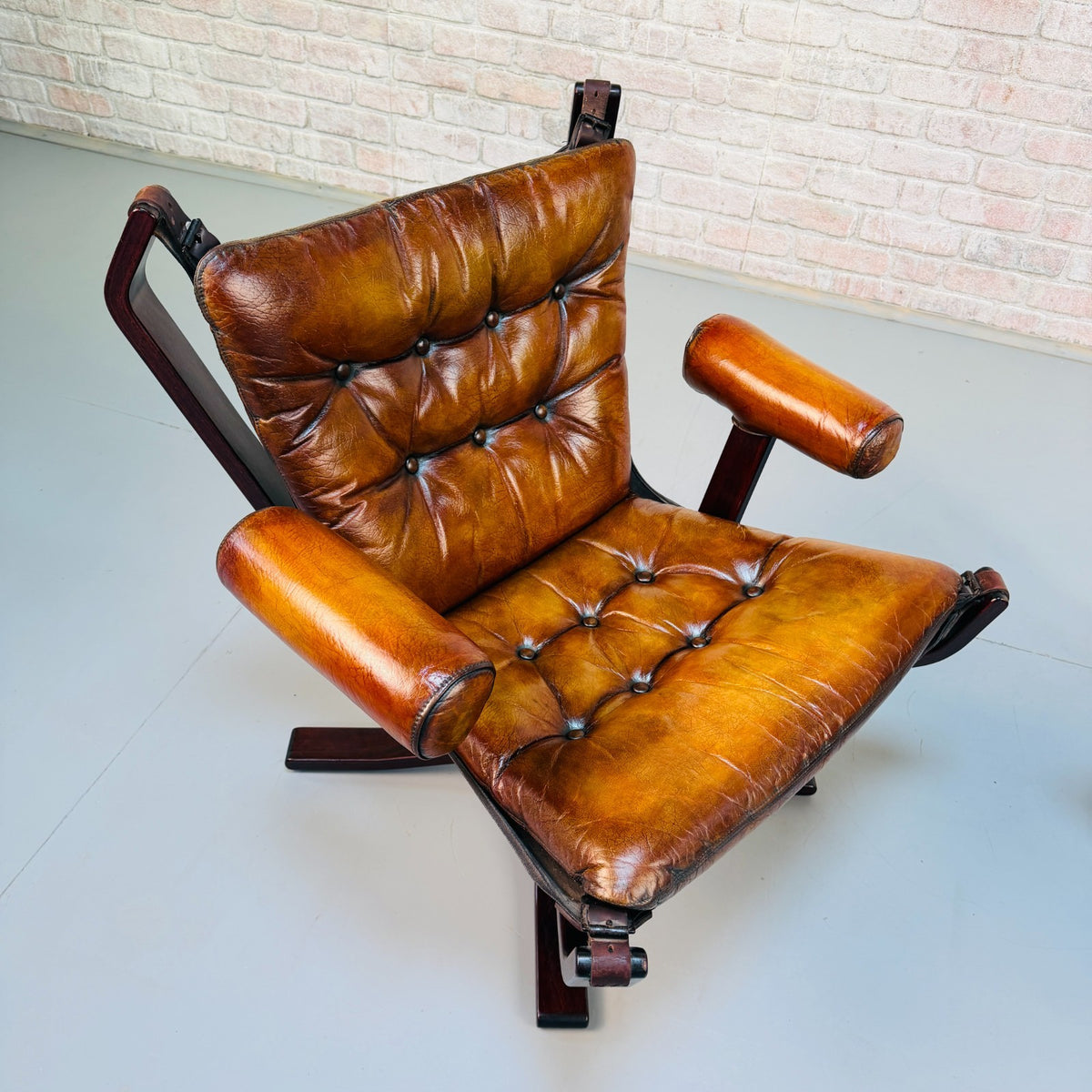 Pair Vintage 1970s Sigurd Ressel Falcon Chairs Tan Leather Norwegian Design