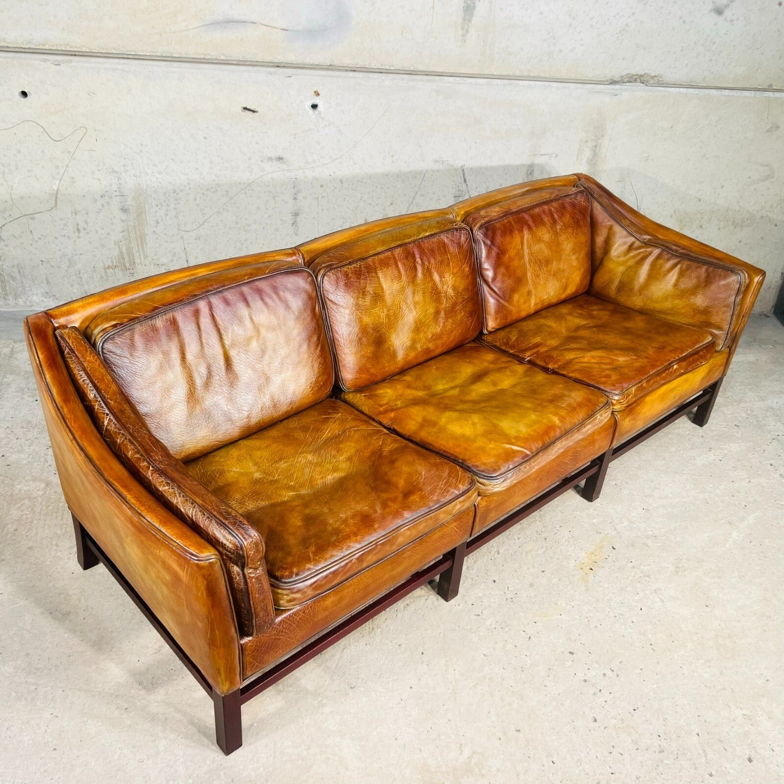 Vintage Erik Jorgensen 70s Danish Tan Three-Seater Leather Sofa