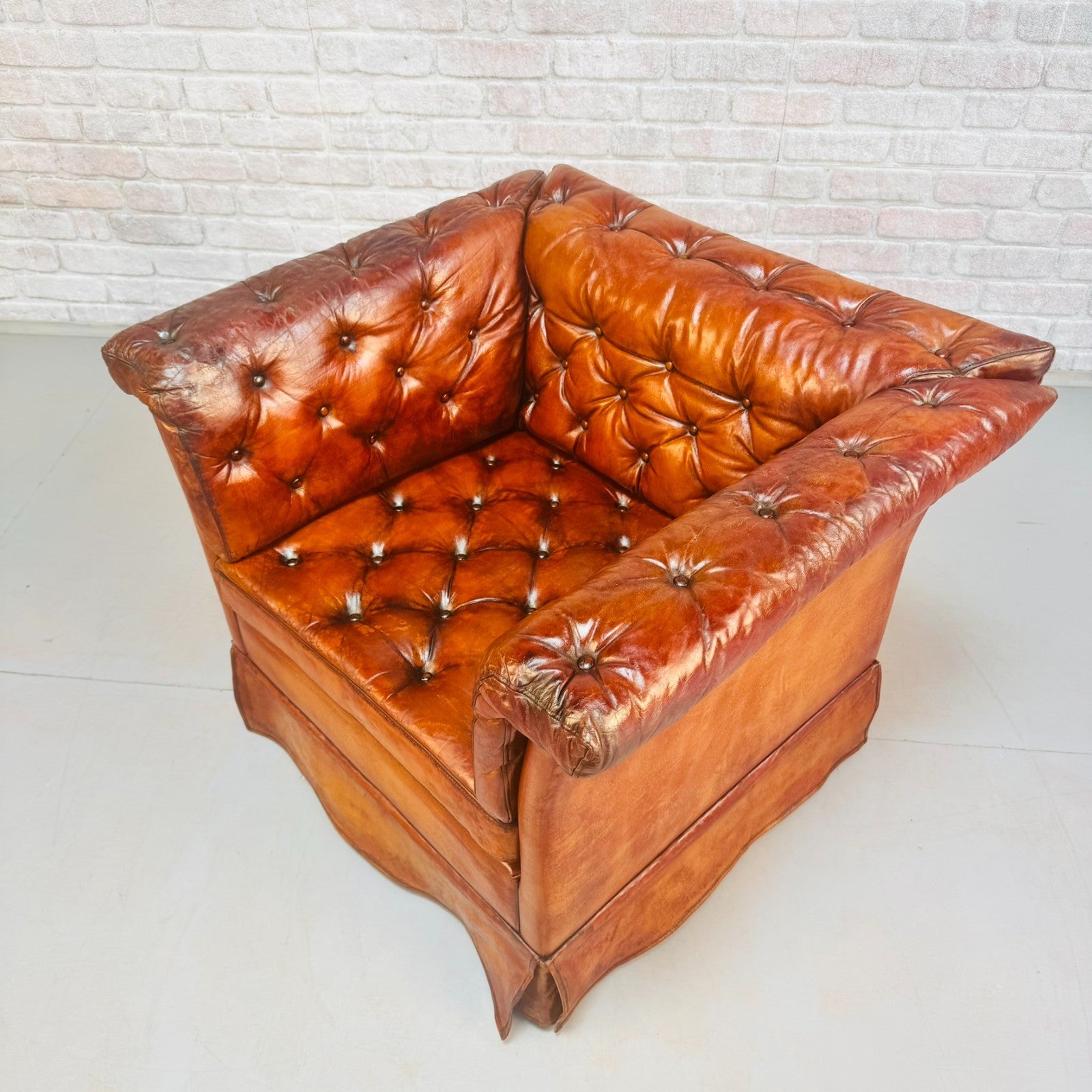 Vintage 1970s Danish Buttoned Tan Leather Armchair
