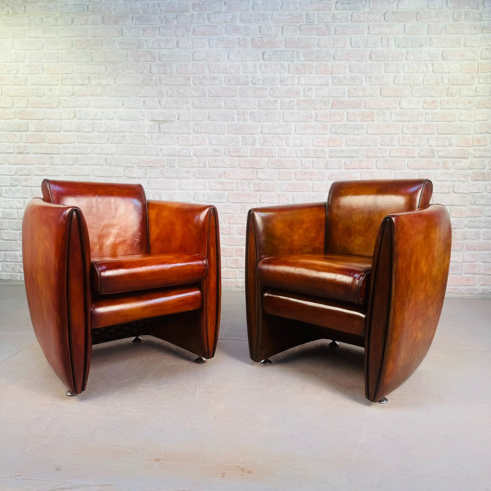 Neat Pair of Contemporary Danish Tan Leather Armchairs – Compact, Comfortable