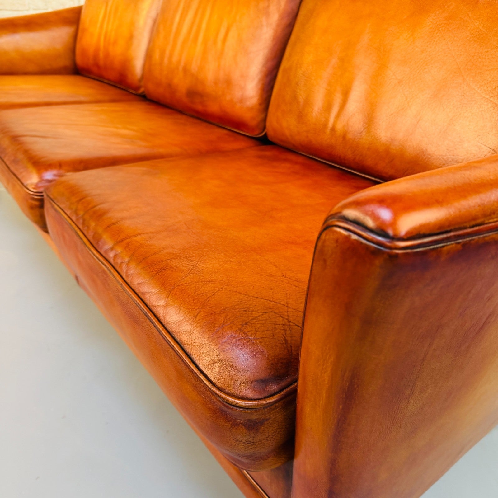 Vintage 1970s Danish Mogens Hansen Long Tan Leather Three Seater Sofa