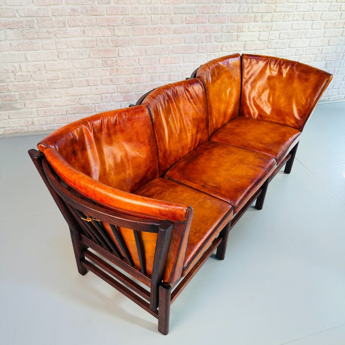 1970s Vintage Danish Hand Dyed Cognac Leather 3 Seater Sofa