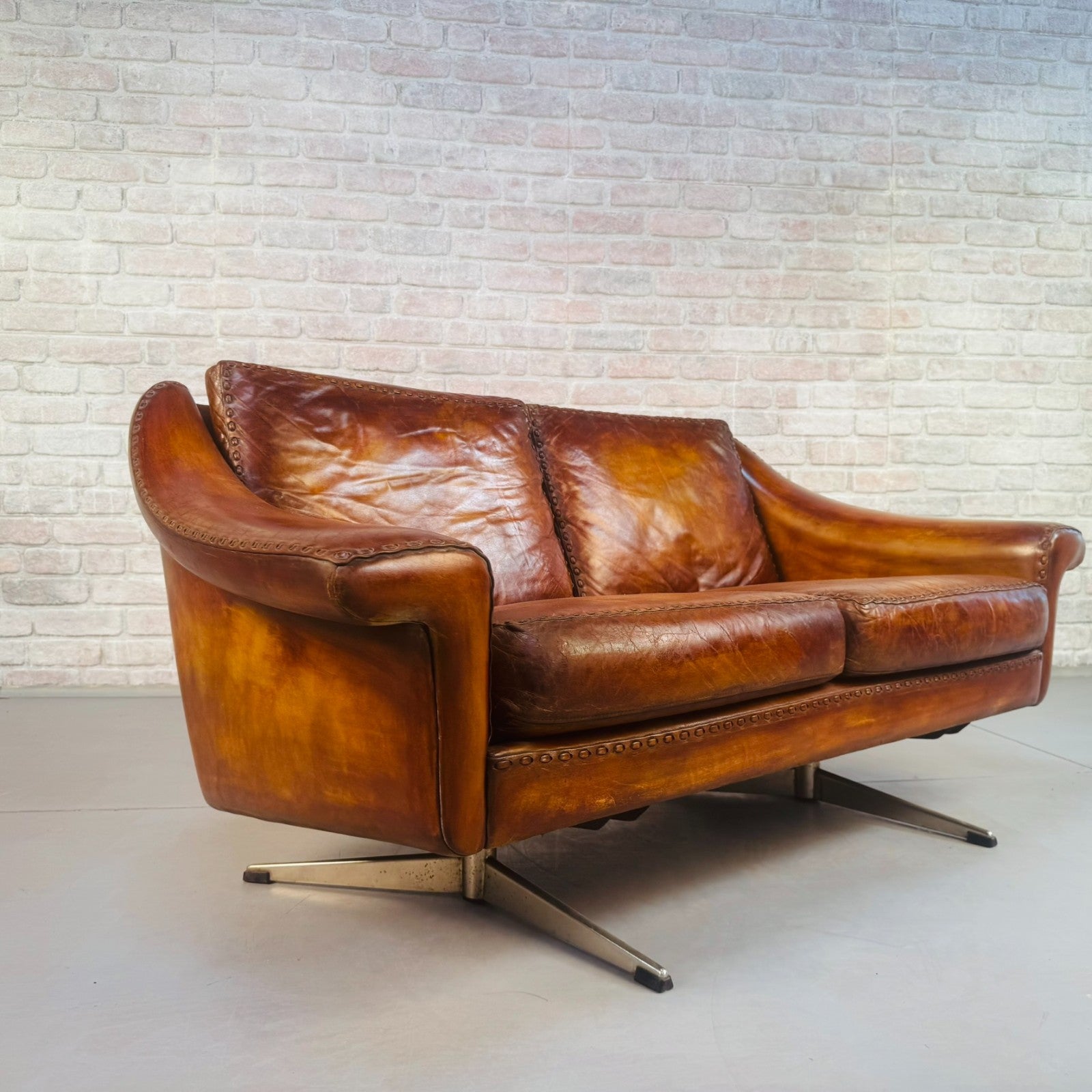 Vintage 60s Aage Christiansen "Matador" Tan Leather 2 Seater Sofa & Chair