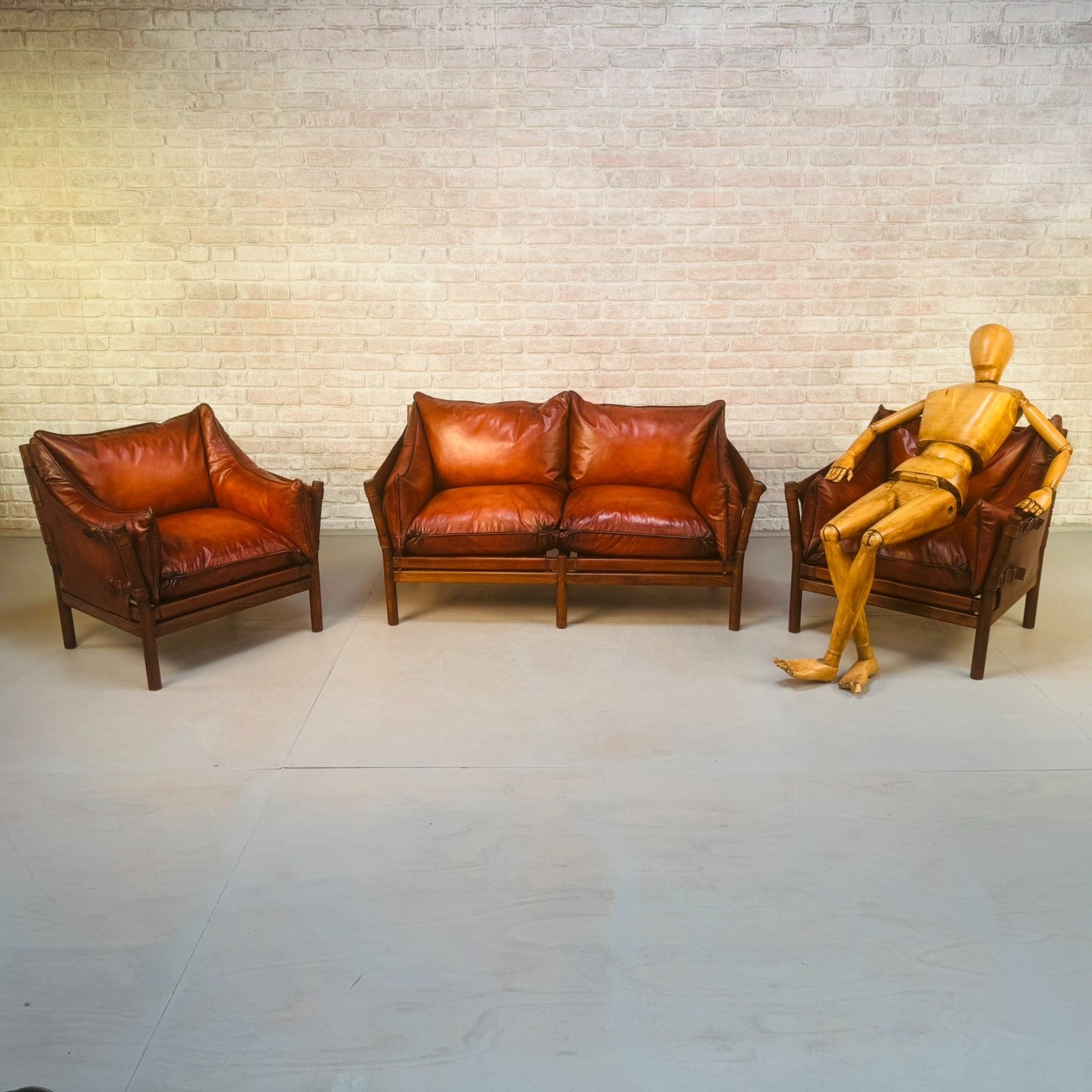 Vintage Swedish 60s Arne Norell “Ilona” Tan Leather Sofa & Pair of Safari Chairs