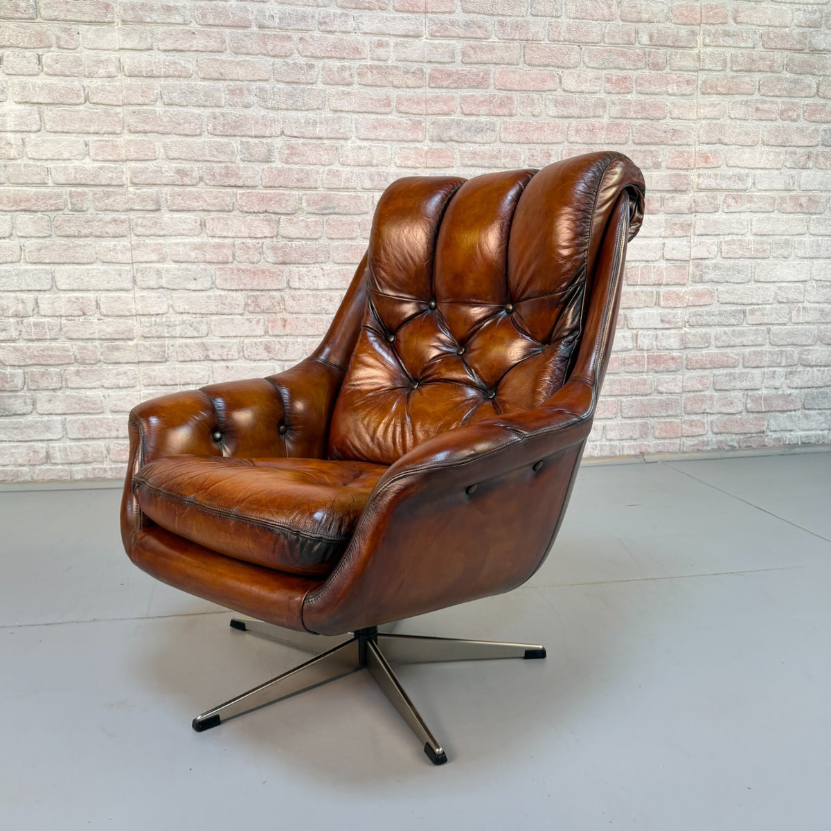 Vintage Danish Tan Leather Swivel Armchair – Hand Dyed Beautiful Patina