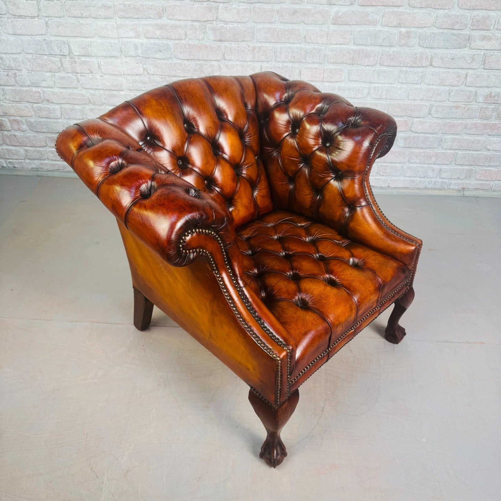 Vintage English Chesterfield Tan Leather Armchair Ball & Claw Mahogany Chair