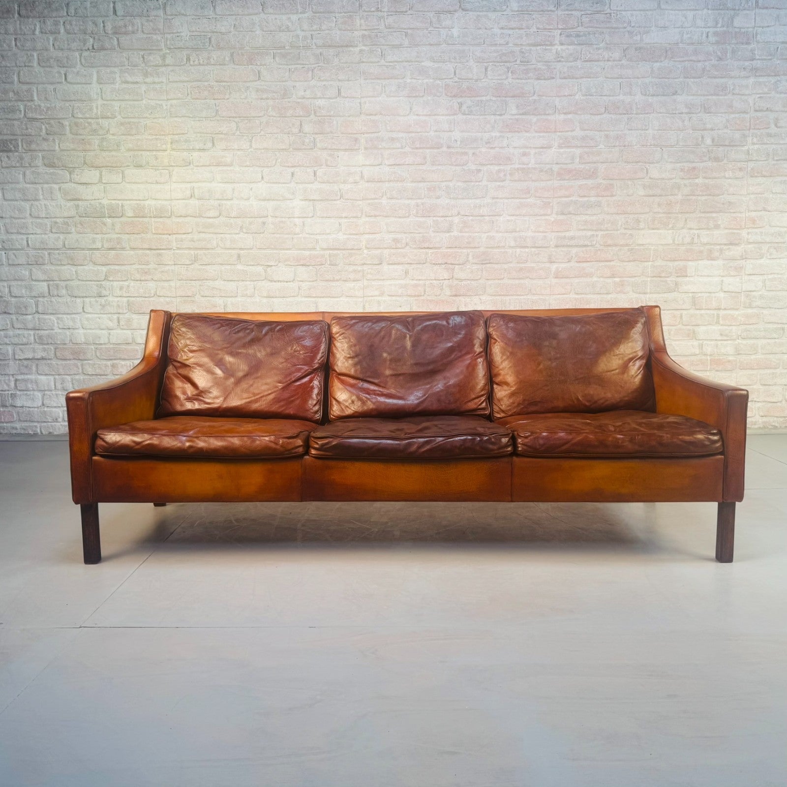 1960s Swedish Patinated Tan Leather 3-Seater Sofa – Dark Walnut Legs