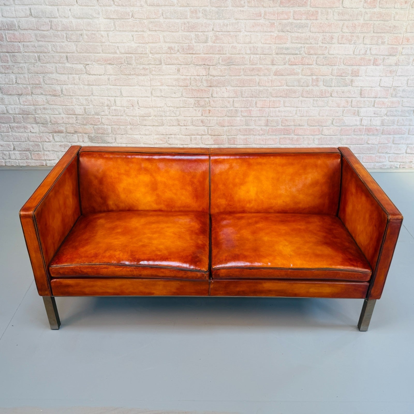 Long Vintage Danish Mogens Hansen Two Seater Light Tan Leather Sofa