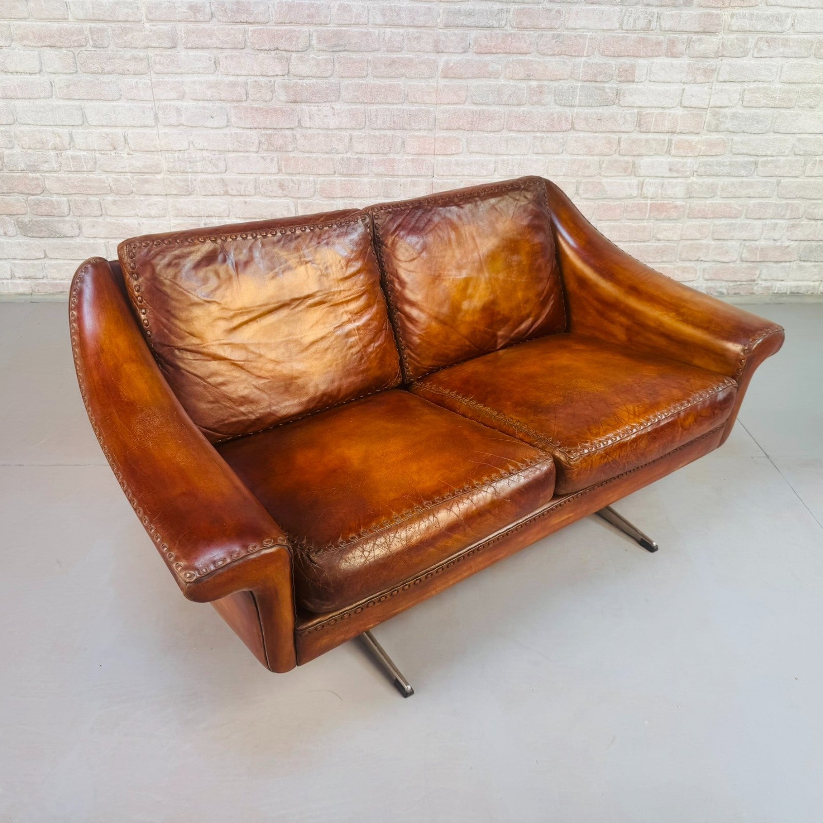 Vintage 60s Aage Christiansen "Matador" Tan Leather 2 Seater Sofa & Chair