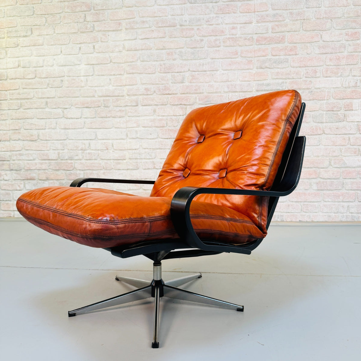 Vintage Danish Cognac Tan Leather Swivel Armchair Black Beech Frame
