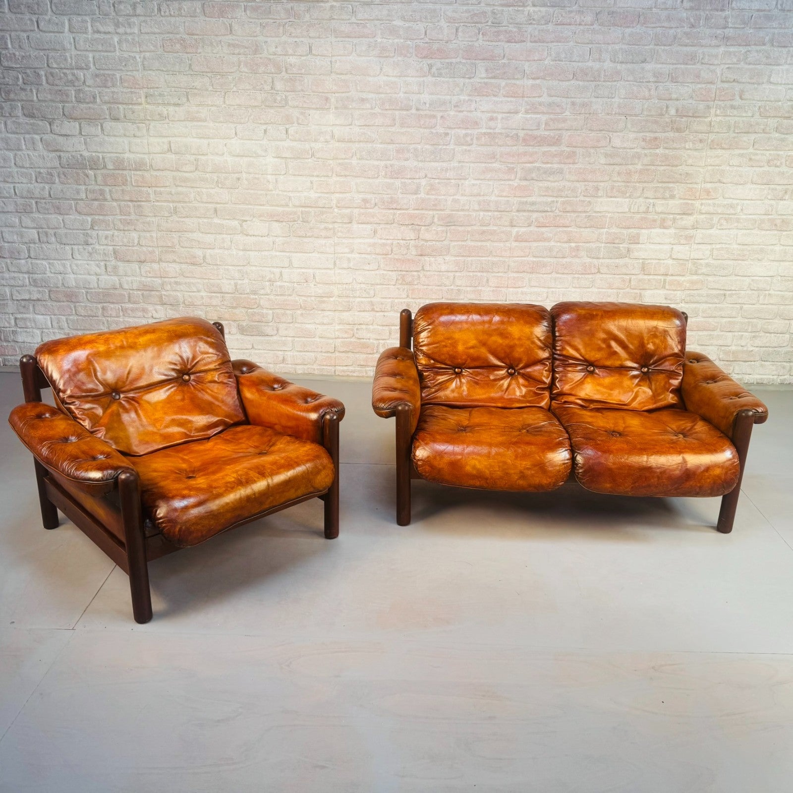 Vintage 1970s Swedish Arne Norell Two-Seater Sofa & Chair Tan Leather Set
