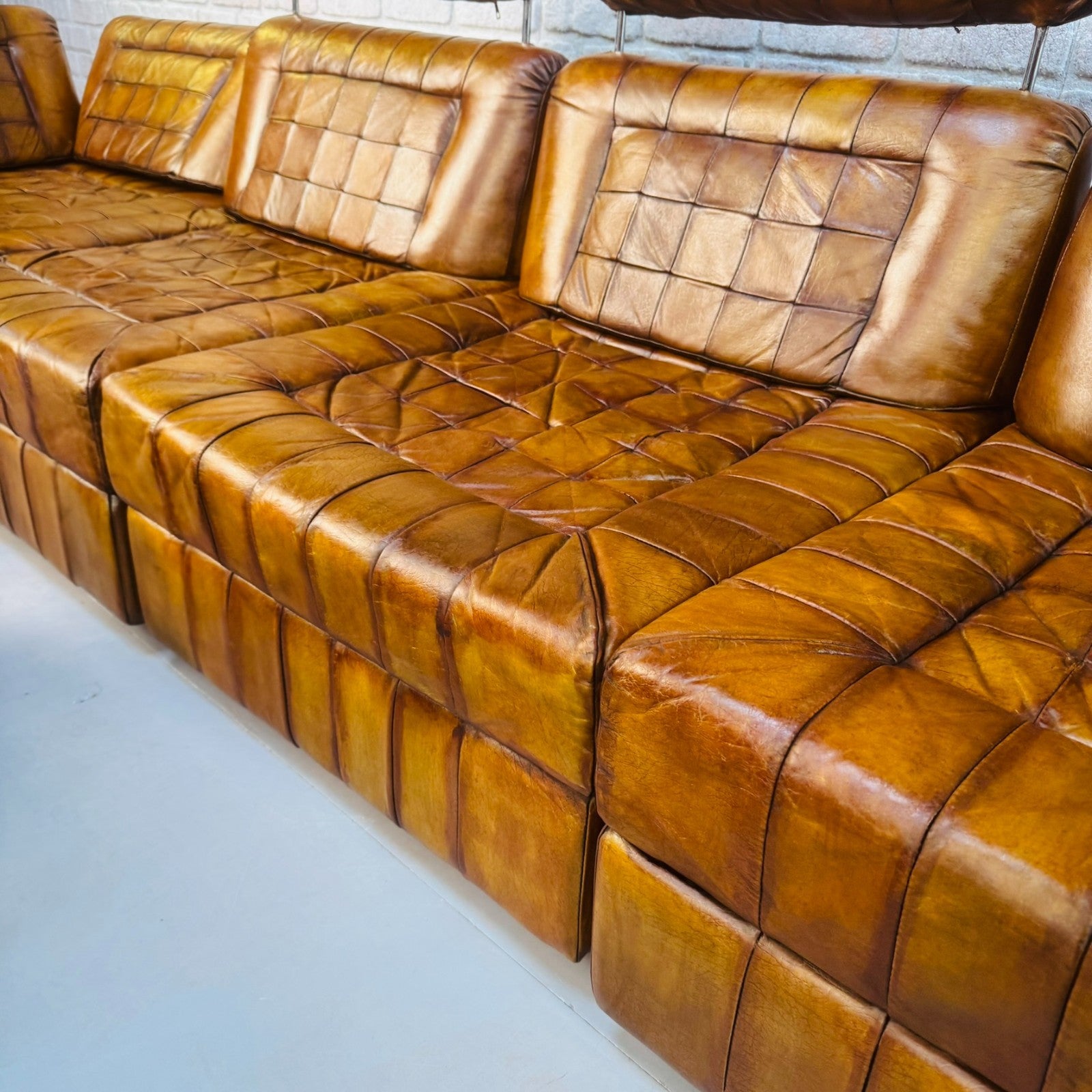 Rare Percival Lafer 60s Modular Sofa 4 Sections & Glass Top Table Tan Leather