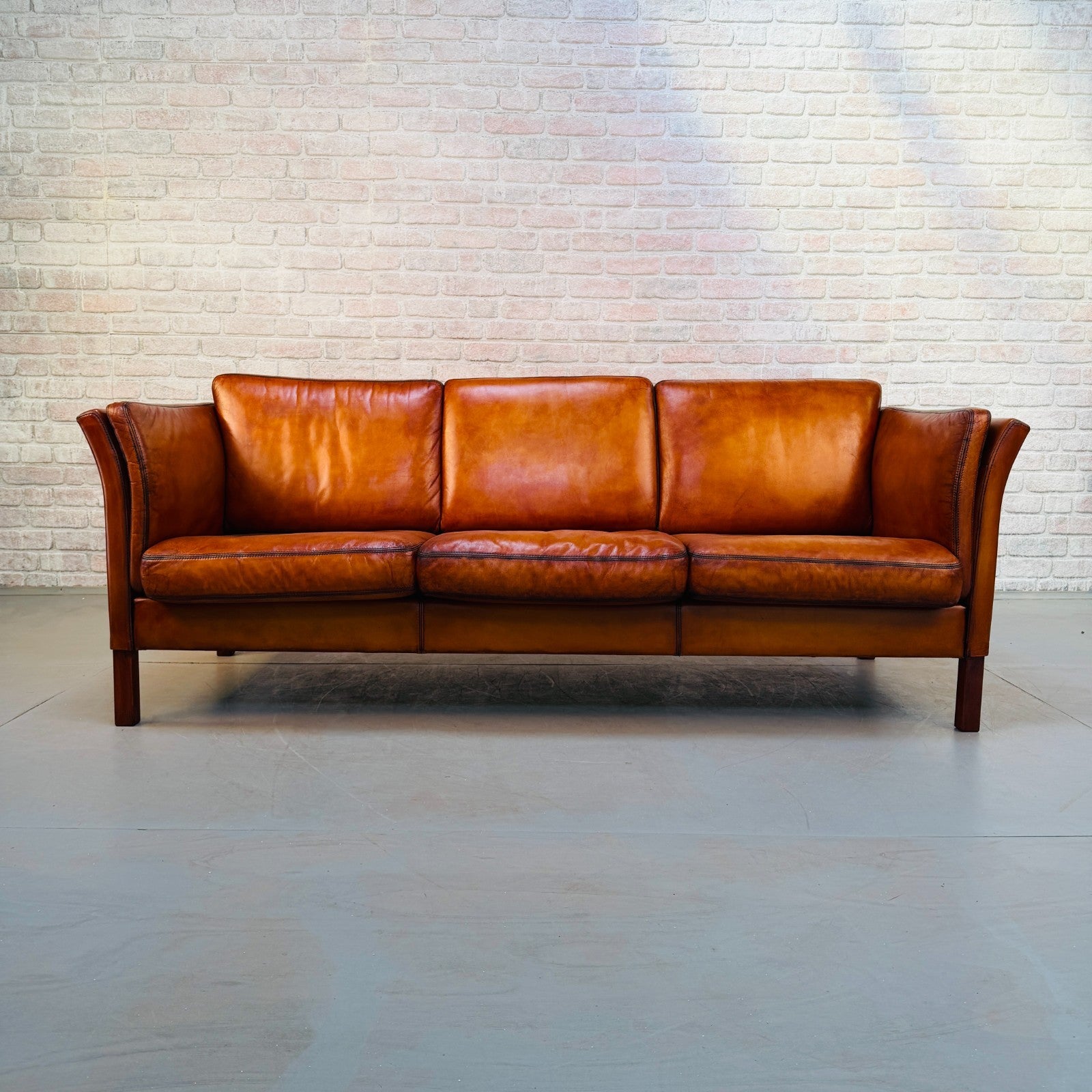 Vintage 1970s Danish Cognac Hand-Dyed Leather Three Seater Box Sofa