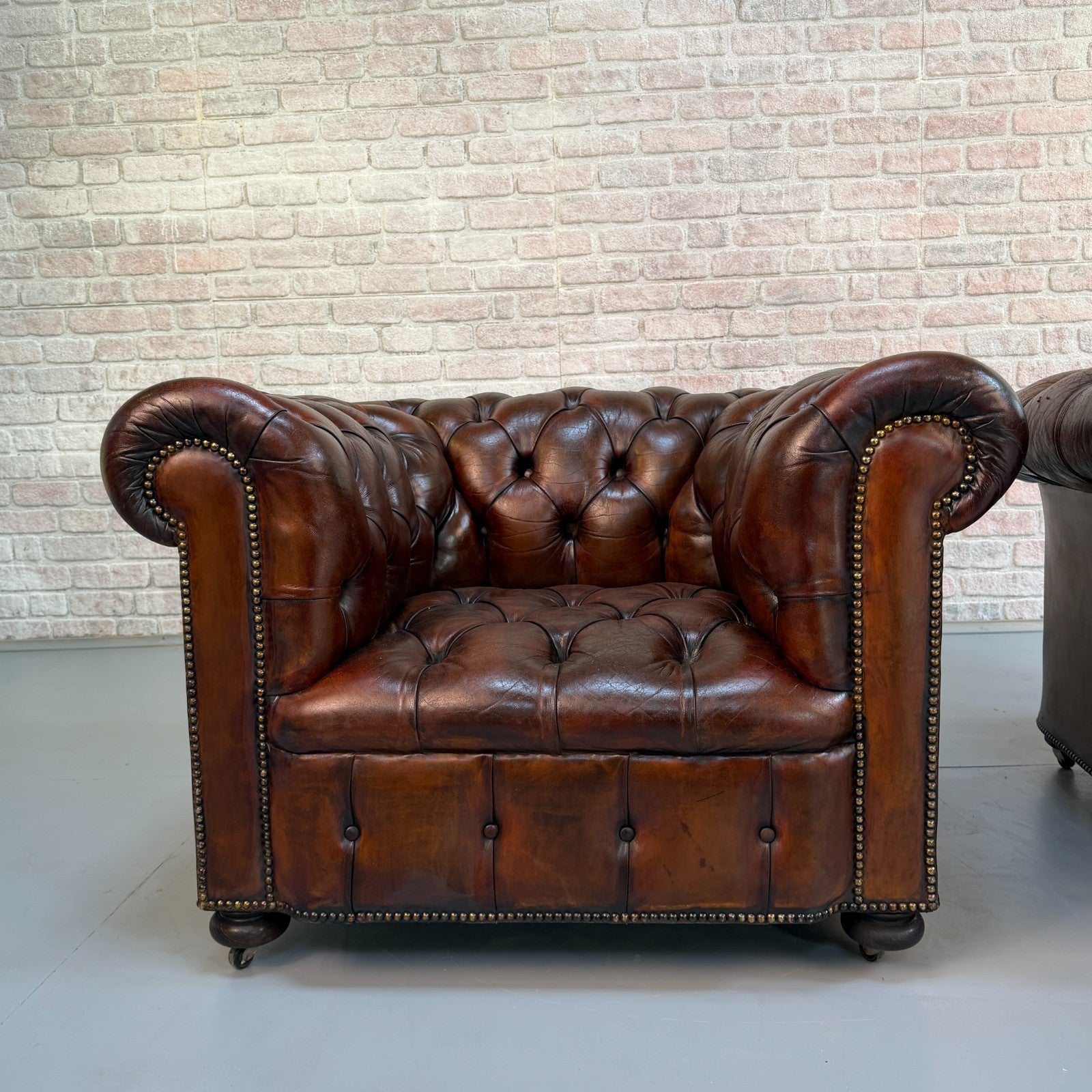 Vintage Pair of Chesterfield Dark Tan Leather Lounge Chairs – Circa 1950