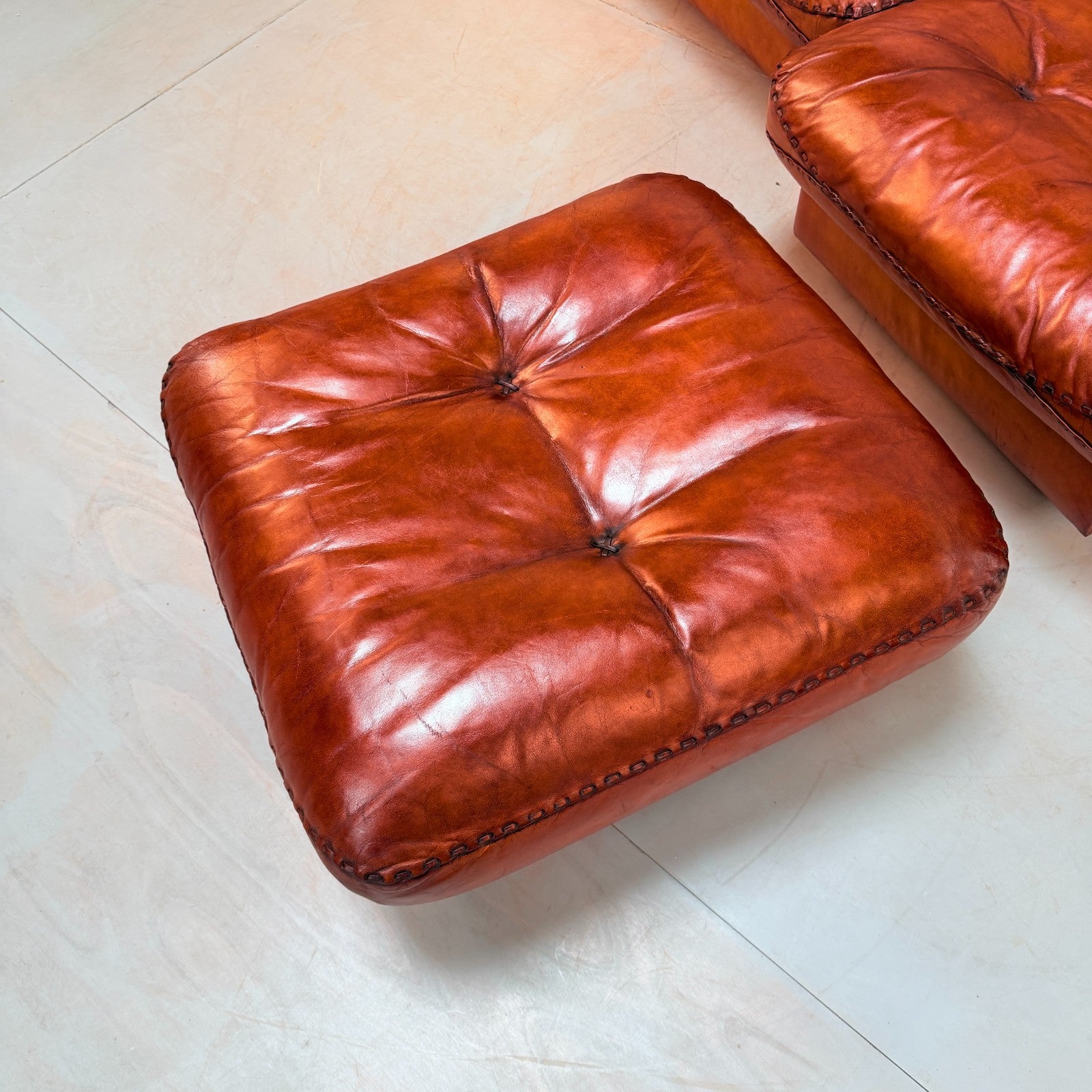Vintage 70s De Sede DS-101 Two Seater Sofa & Footstool Cognac Leather Switzerlan