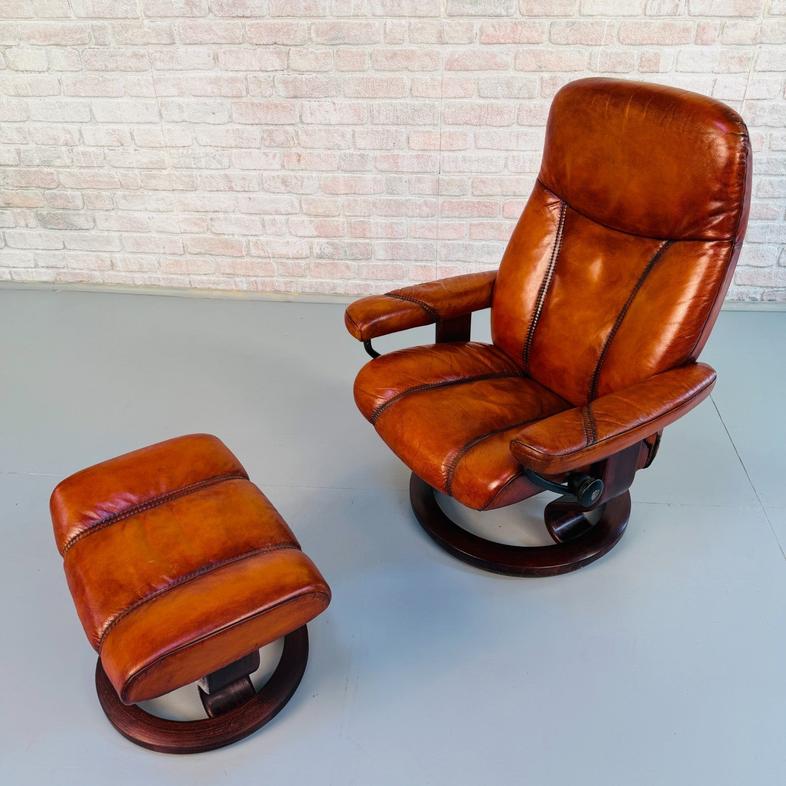 Vintage Danish Ekornes Reclining Swivel Armchair Tan Leather with Footstool