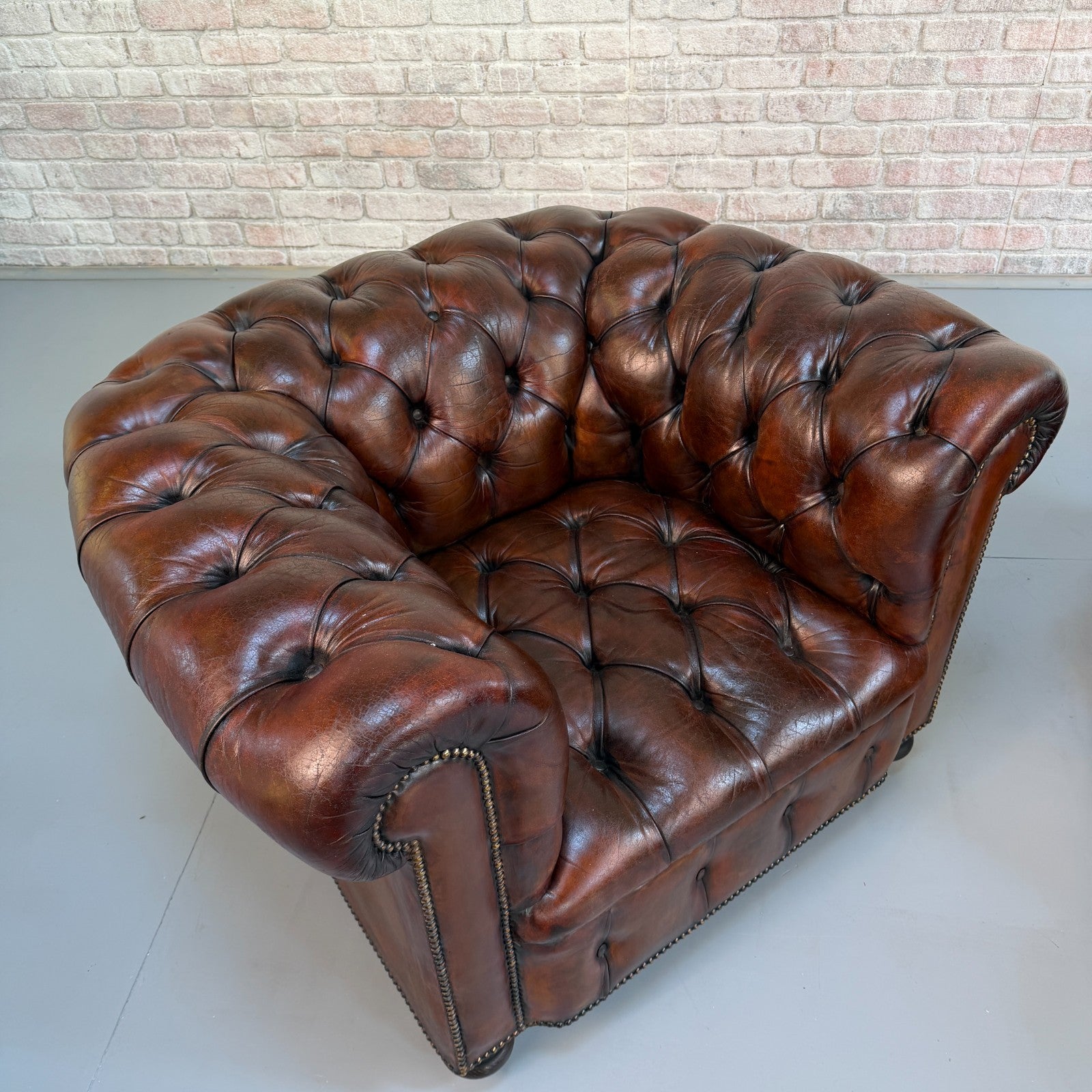 Vintage Pair of Chesterfield Dark Tan Leather Lounge Chairs – Circa 1950
