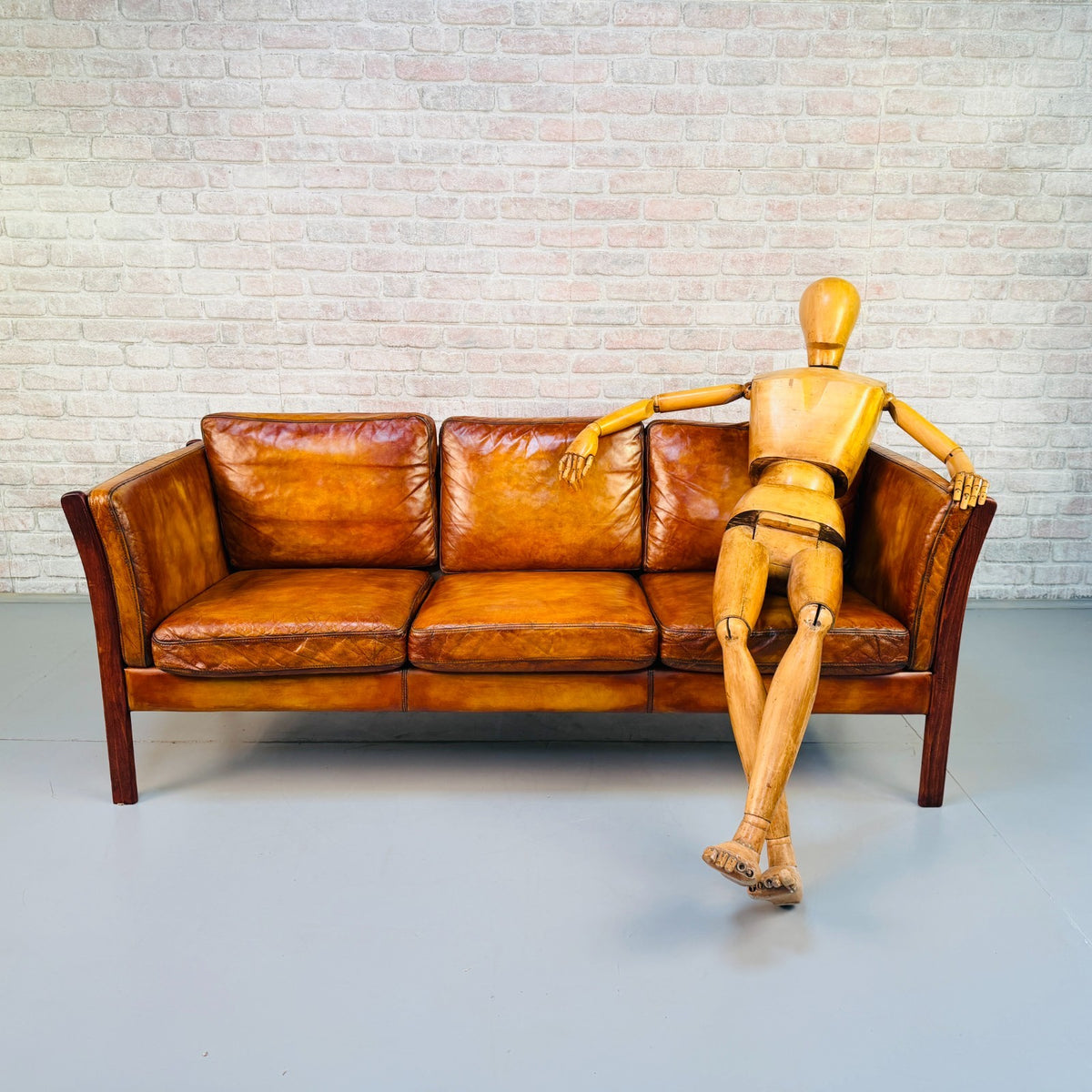 Vintage Danish Tan Leather 3 Seater Sofa – Hand Dyed Beautiful Patina