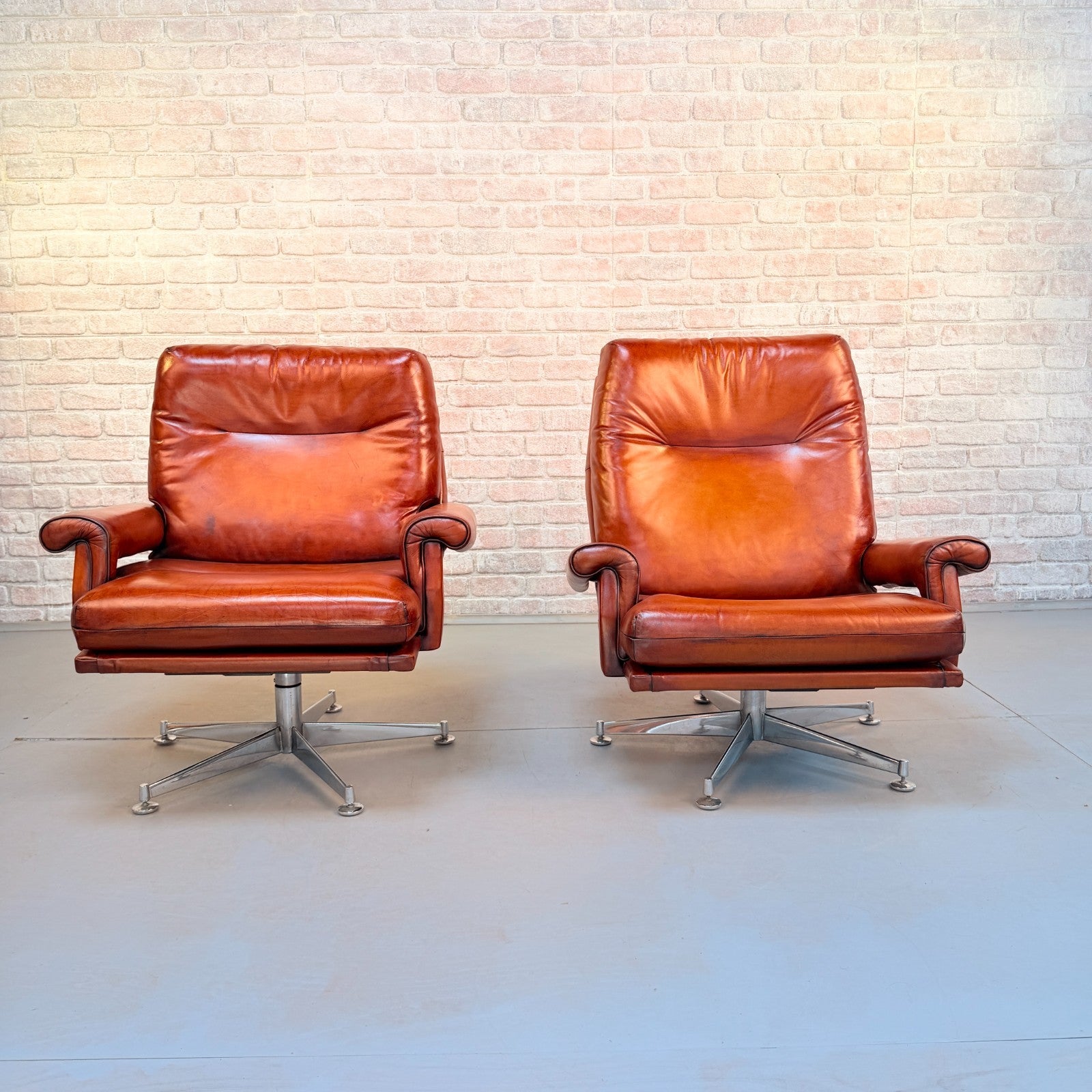 Pair 1970s Howard Keith His & Hers Cognac Leather Swivel Armchairs Vintage